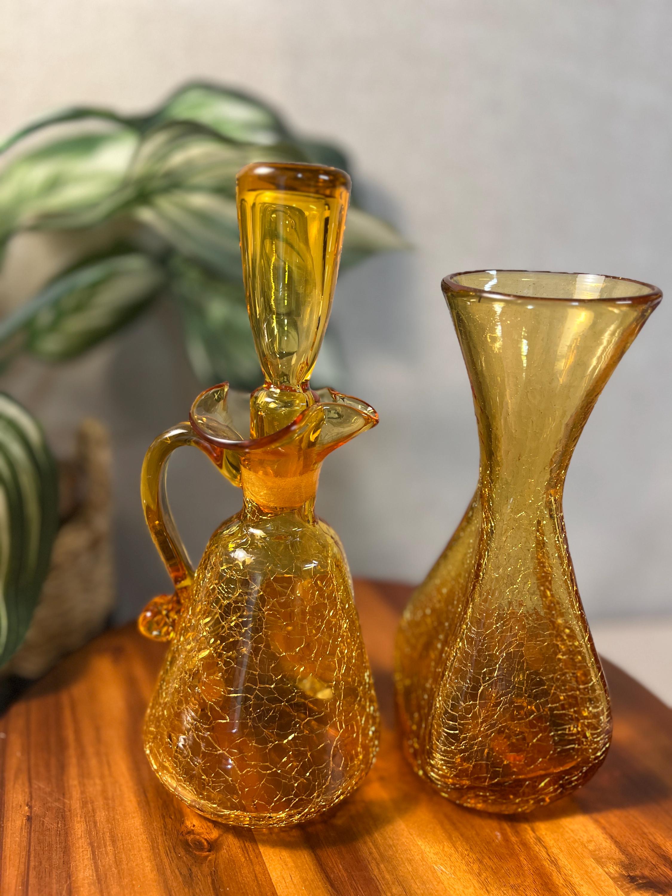 Vintage - Set of 2, Amber Glass , Ruffled Crackle Pitcher Decanter possibly not matching stopper and Crackle Glass VaseRainbow or Pilgrim