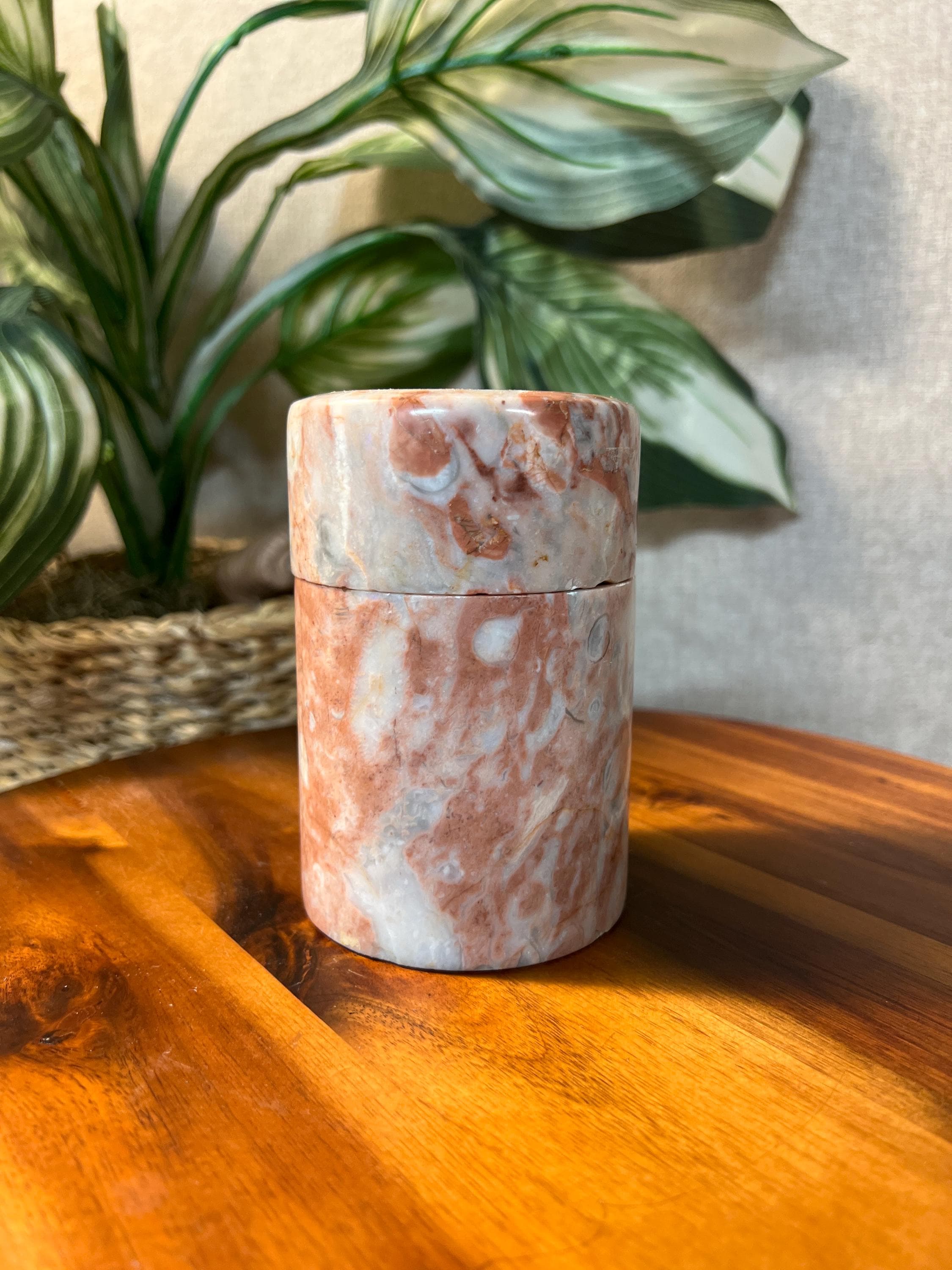 VTG Solid Marble Alabaster Round Cylinder Shape Canister Trinket Storage Box w/ Lid 5"