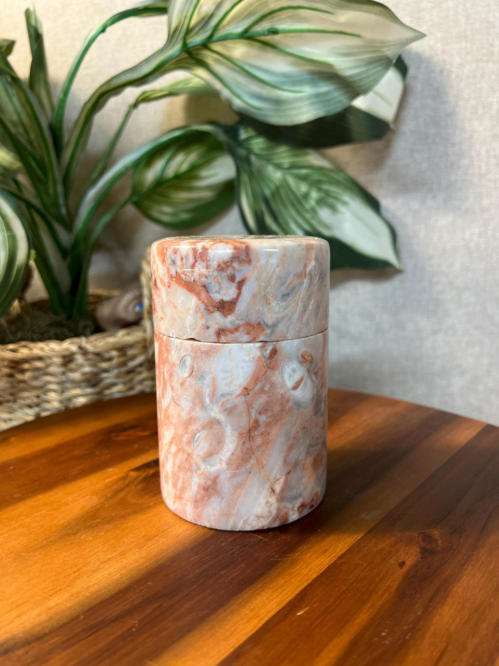 VTG Solid Marble Alabaster Round Cylinder Shape Canister Trinket Storage Box w/ Lid 5"