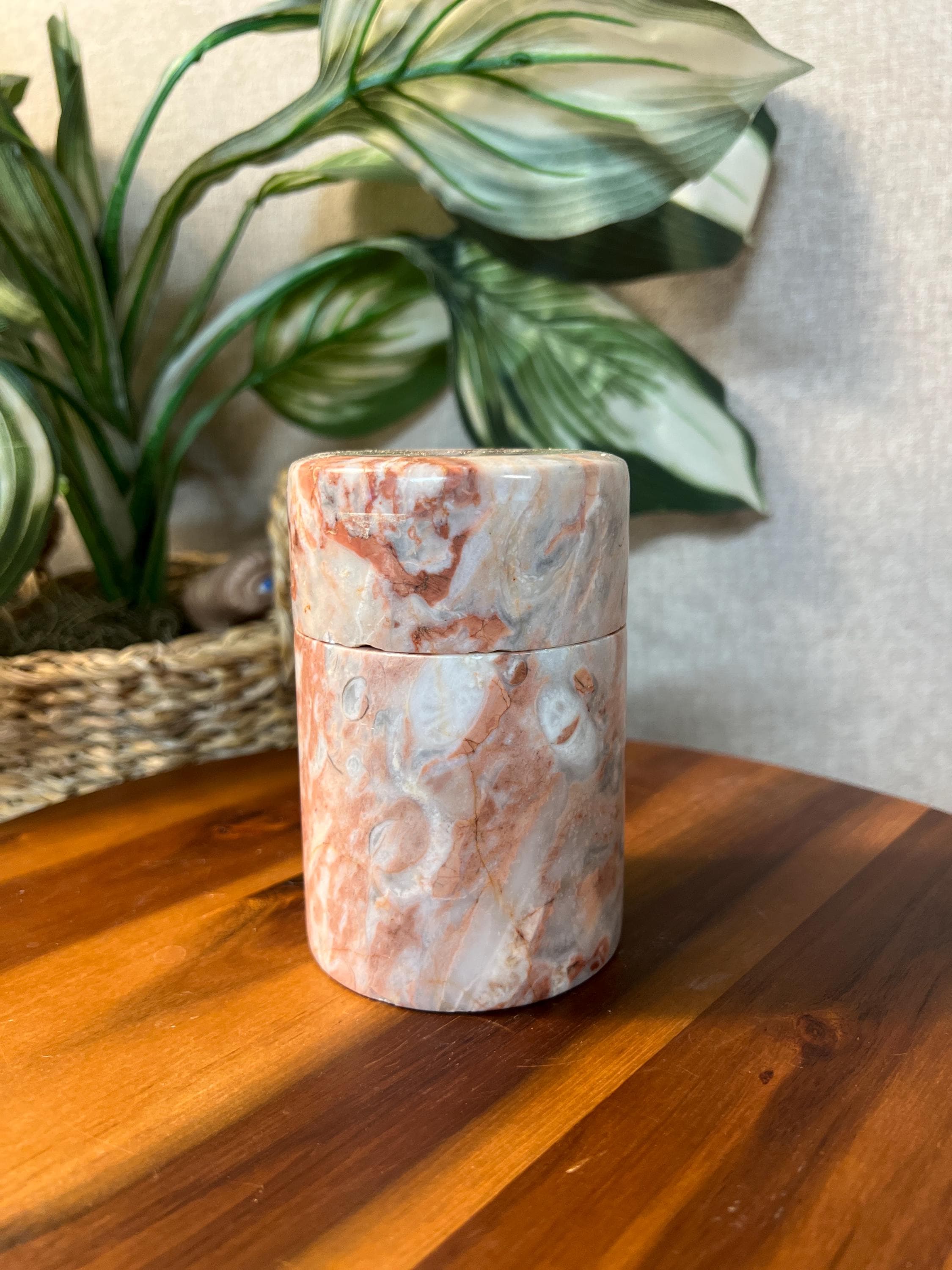 VTG Solid Marble Alabaster Round Cylinder Shape Canister Trinket Storage Box w/ Lid 5"