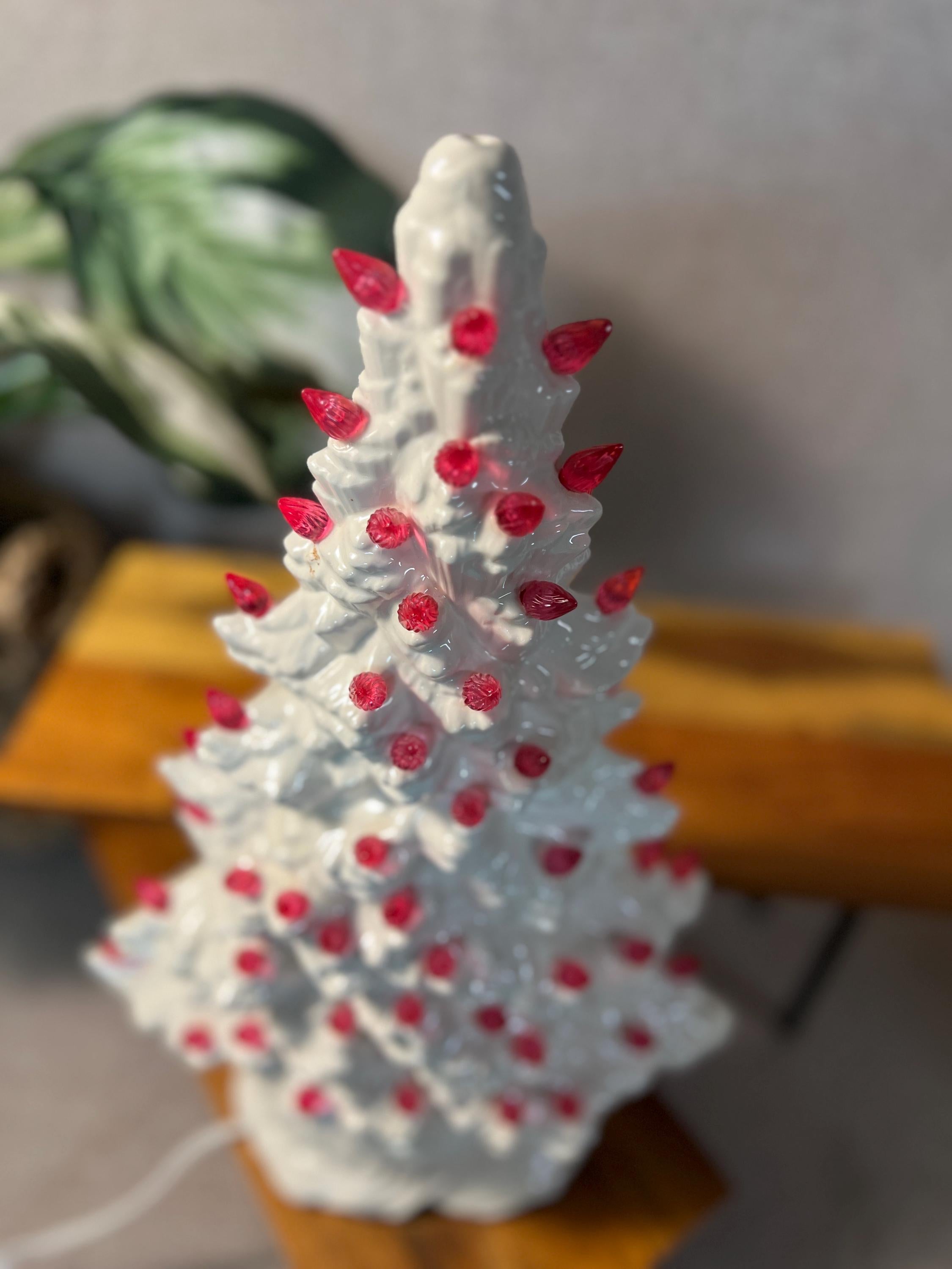 White Ceramic Skinny Christmas Tree 16.5 Vintage with pink lights
