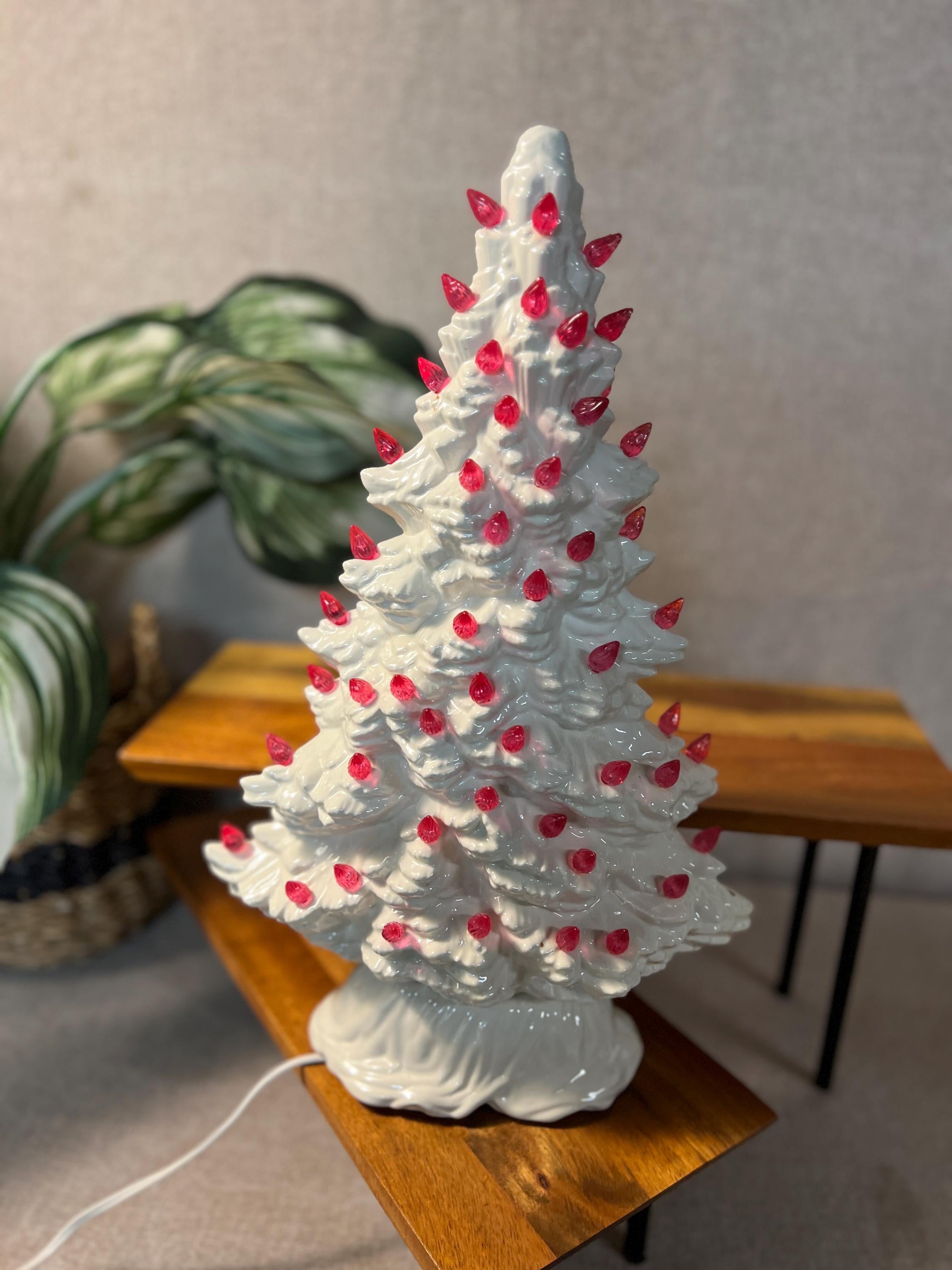 White Ceramic Skinny Christmas Tree 16.5 Vintage with pink lights