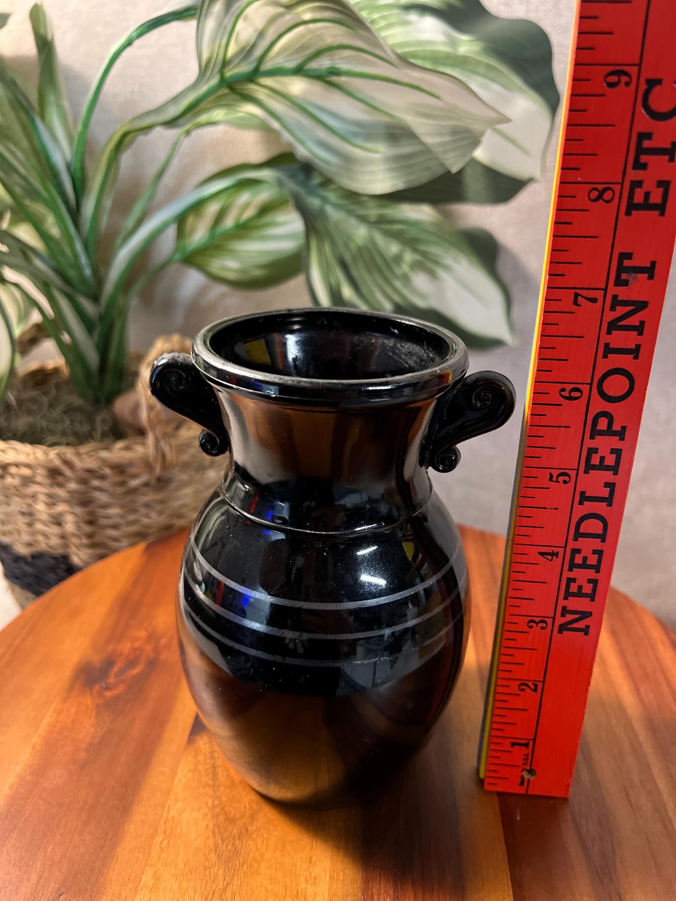 L.E. Smith Glass Co. Black Amethyst Glass Vase Double Ear Handles 3 Stripes