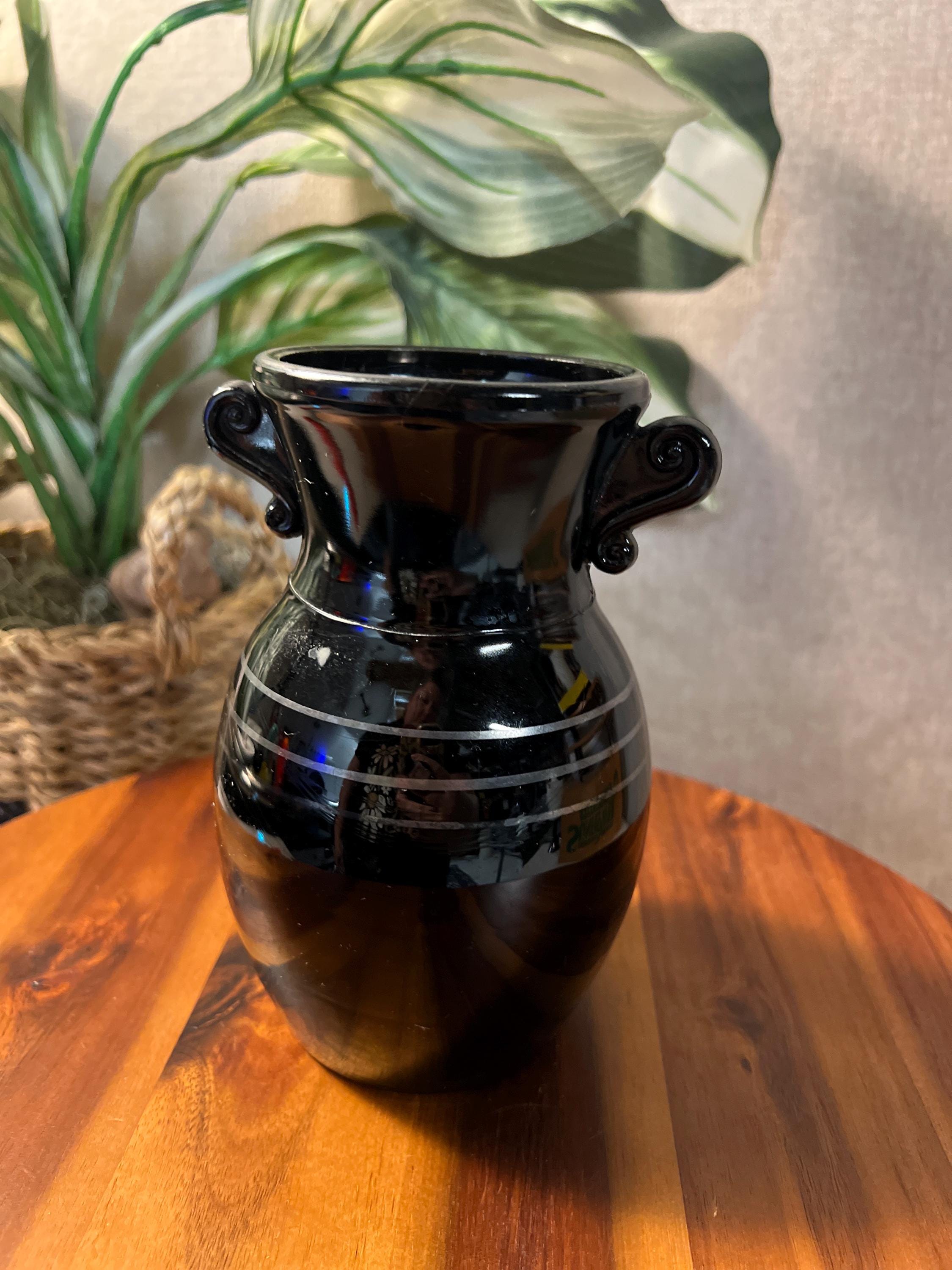 L.E. Smith Glass Co. Black Amethyst Glass Vase Double Ear Handles 3 Stripes