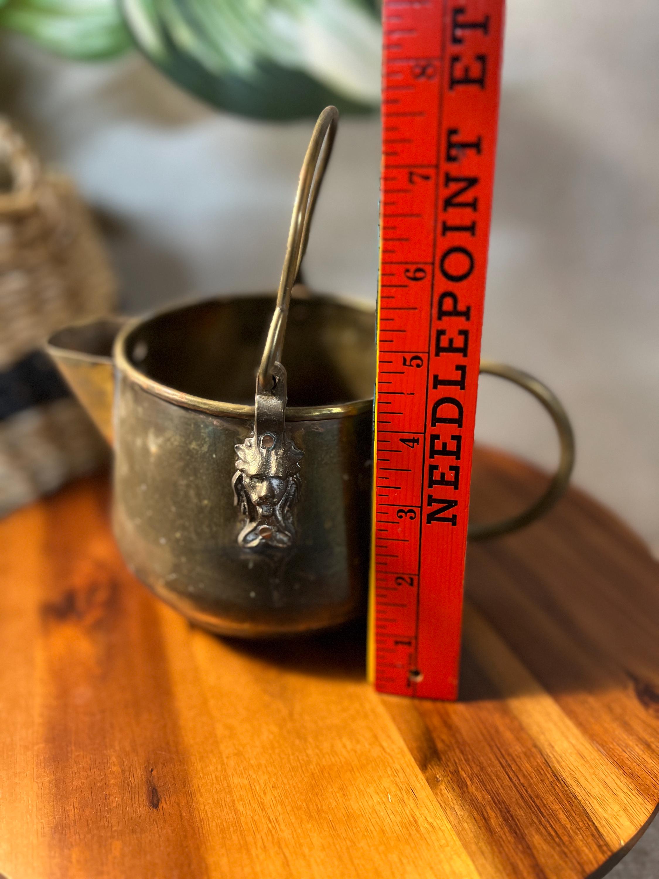 Vintage Small Brass Planter W/Top Handle & Side Handles Lion Faces