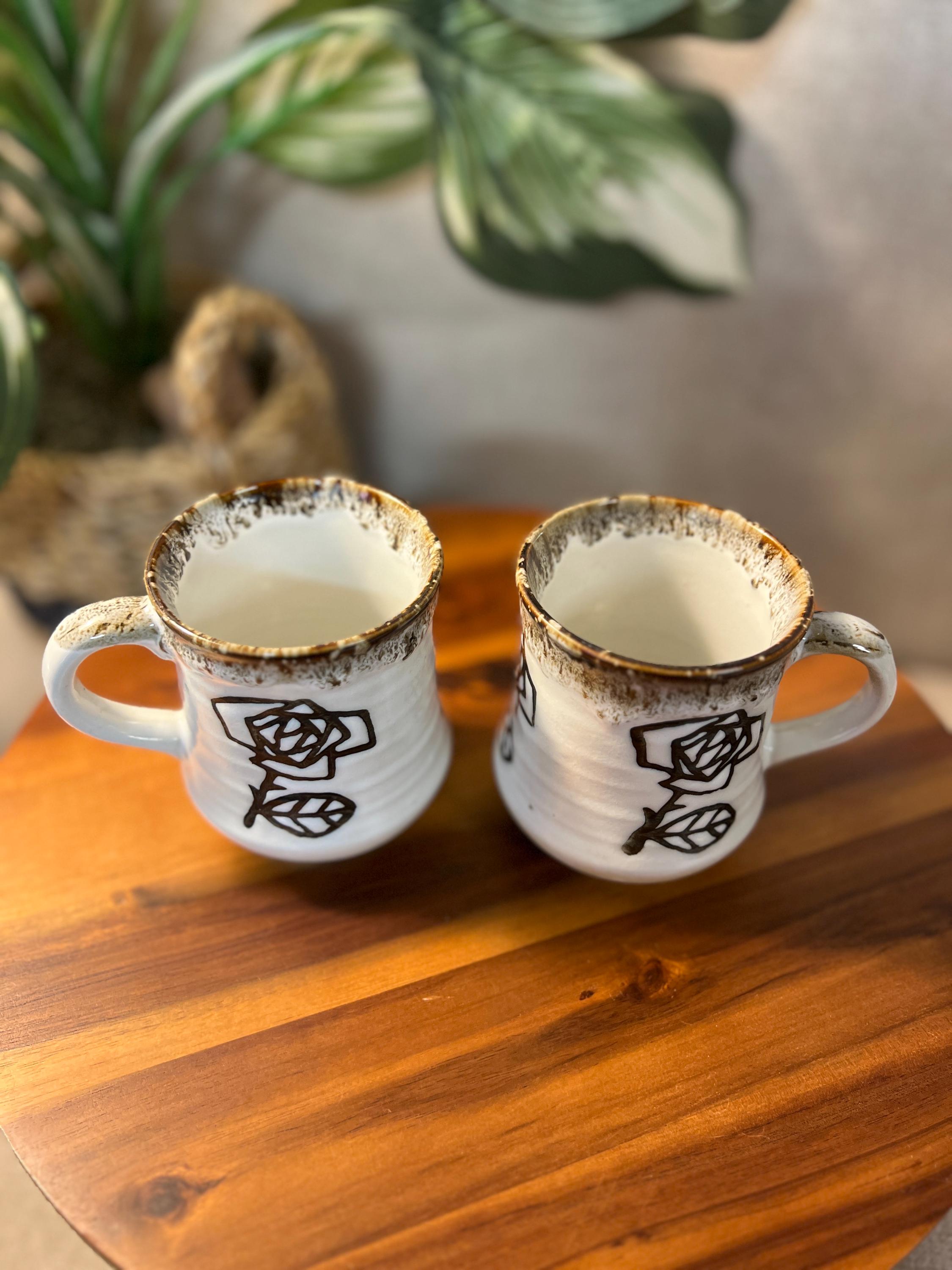 Vintage Embossed Floral Pottery Coffee Mugs Set Of 2 Made In Japan 4"H x 3"W