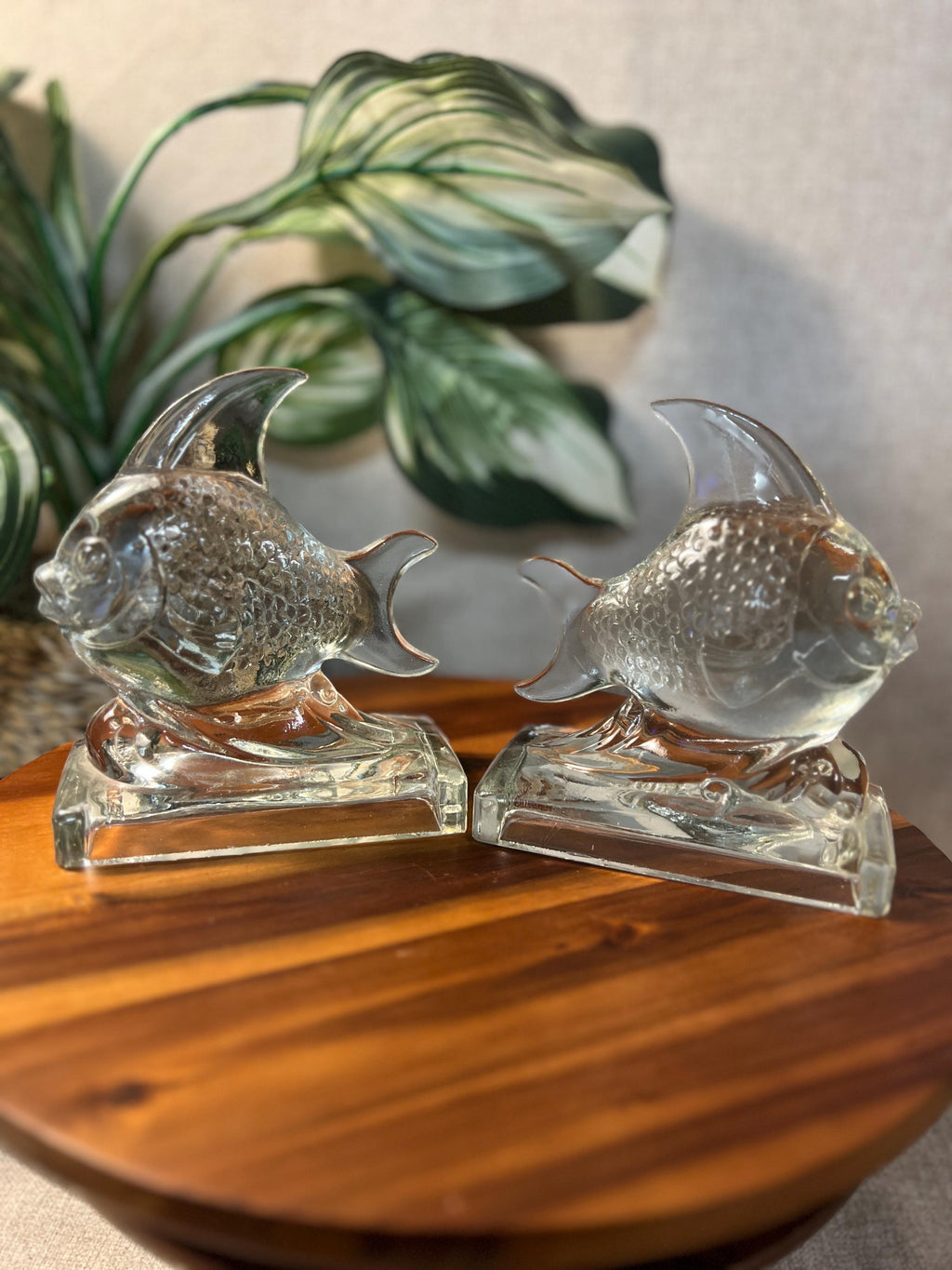 Pair of Glass Angelfish Bookends/Paperweight On a Wave