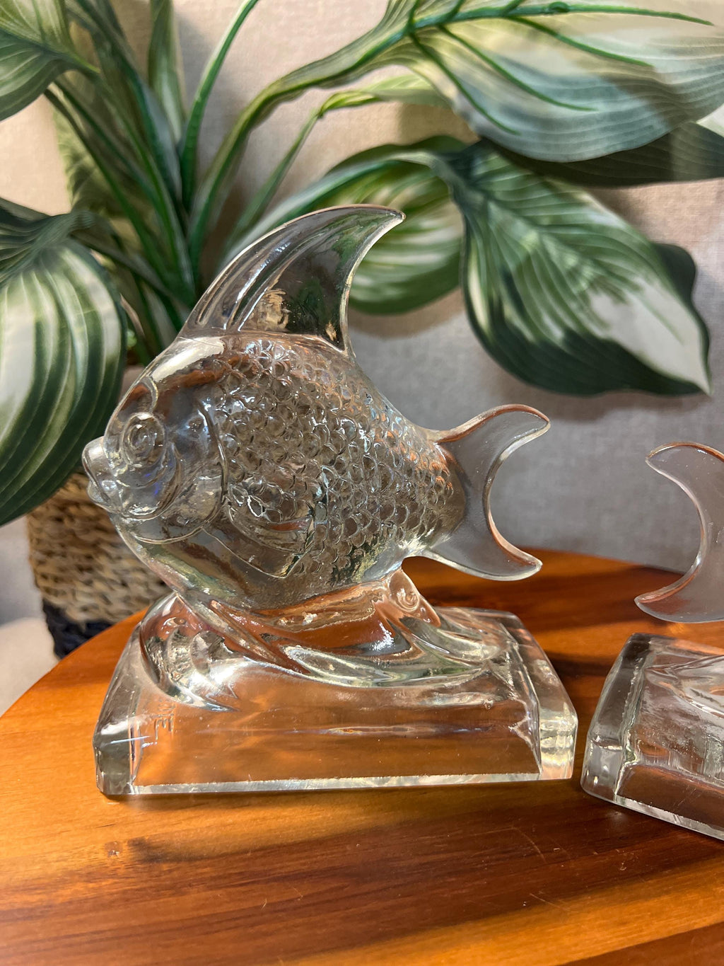 Pair of Glass Angelfish Bookends/Paperweight On a Wave