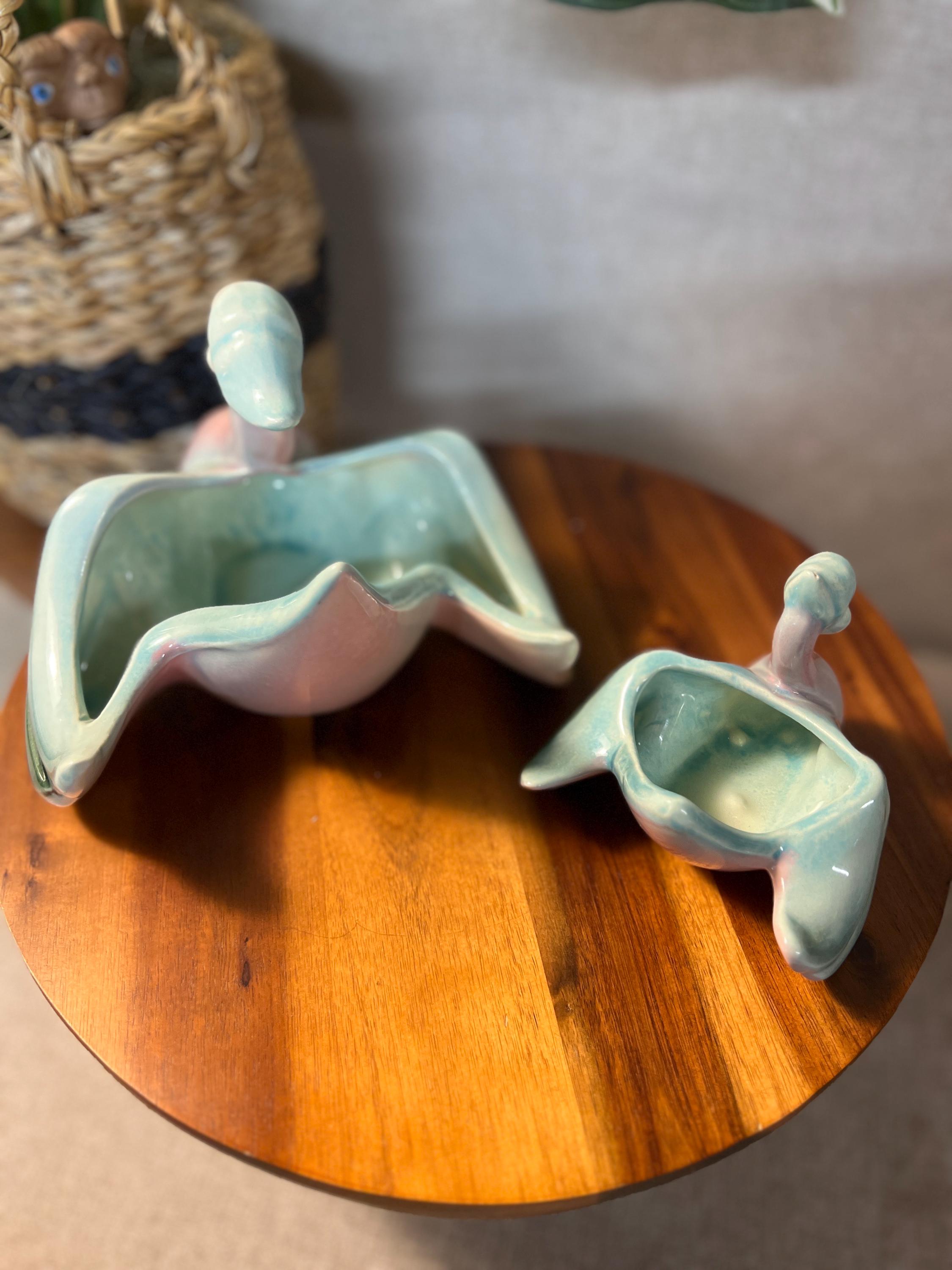Pair  Of Hull Pottery Bandana Duck Planter mom and baby, Trinket Dish,  Pink Blue White USA