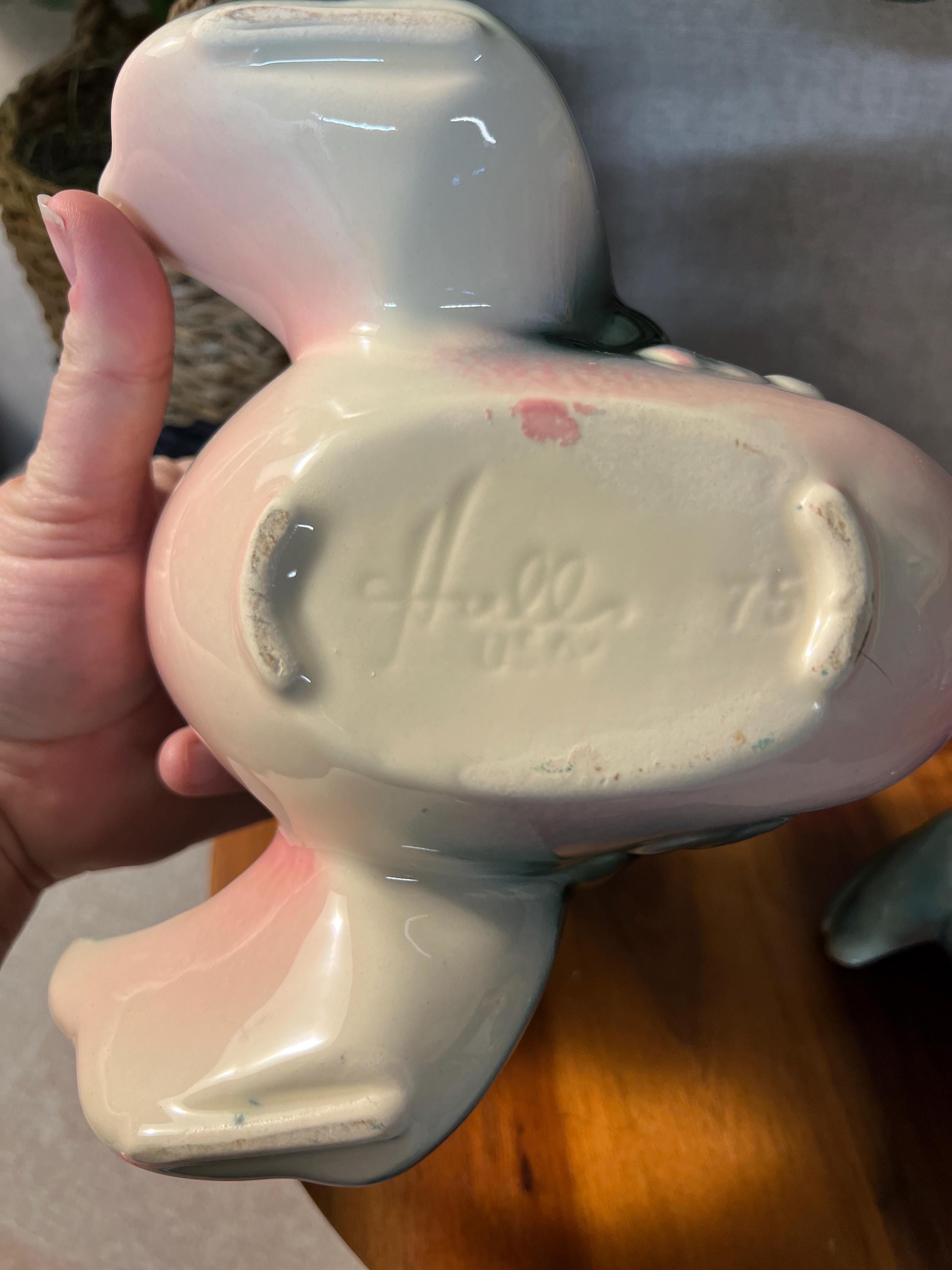 Pair  Of Hull Pottery Bandana Duck Planter mom and baby, Trinket Dish,  Pink Blue White USA