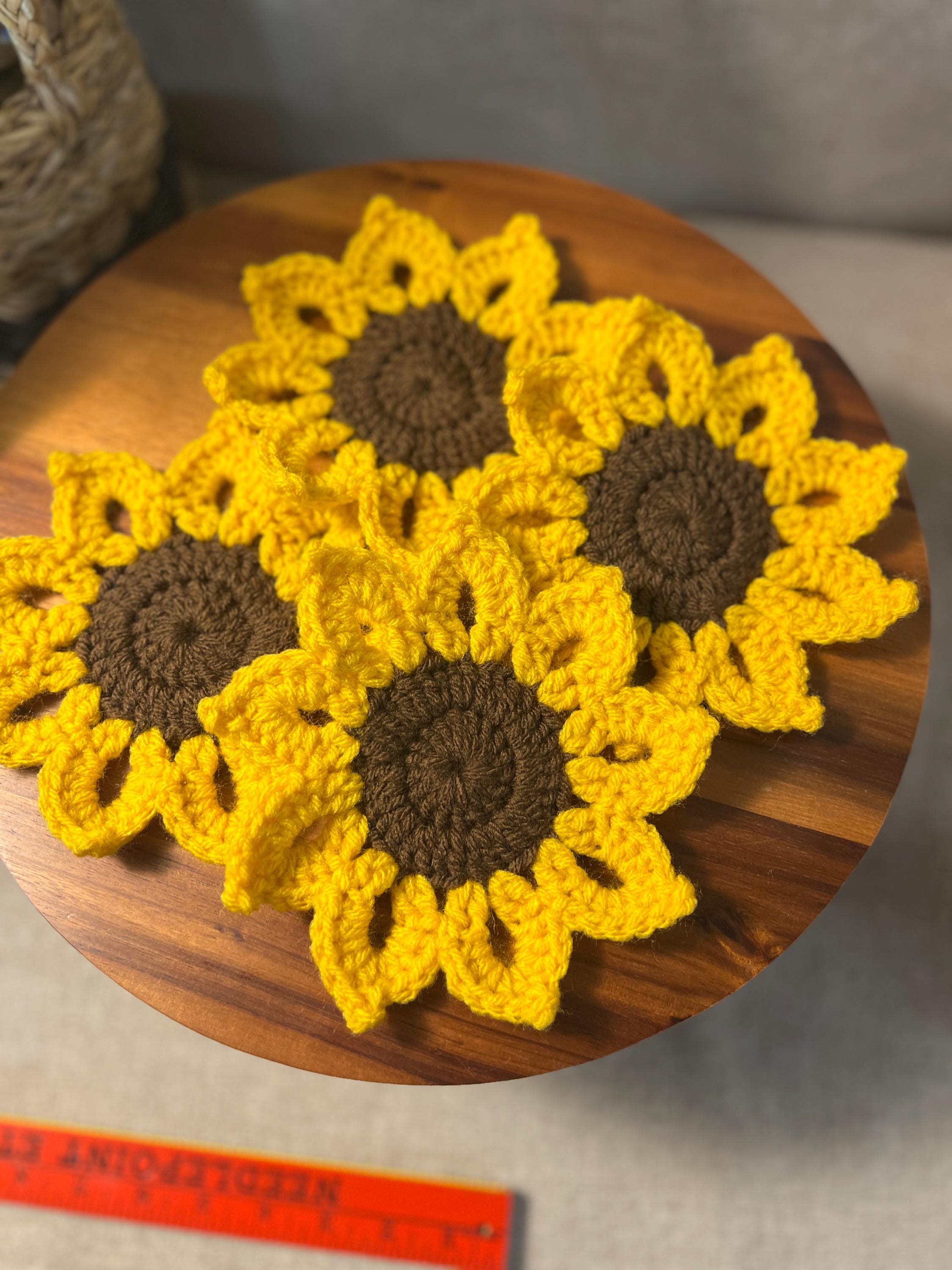 Set Of 4 Sunflower Coasters Handmade Crocheted