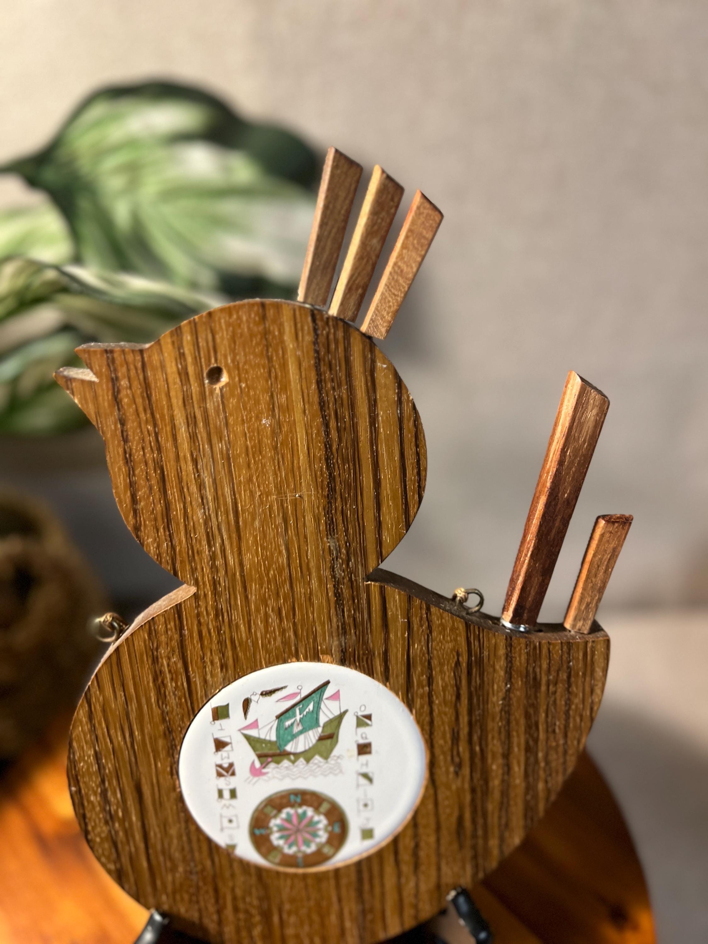 Vtg bird shaped Cheese Bread Cutting Board Wood With Tile made in Japan With Knife and small forks