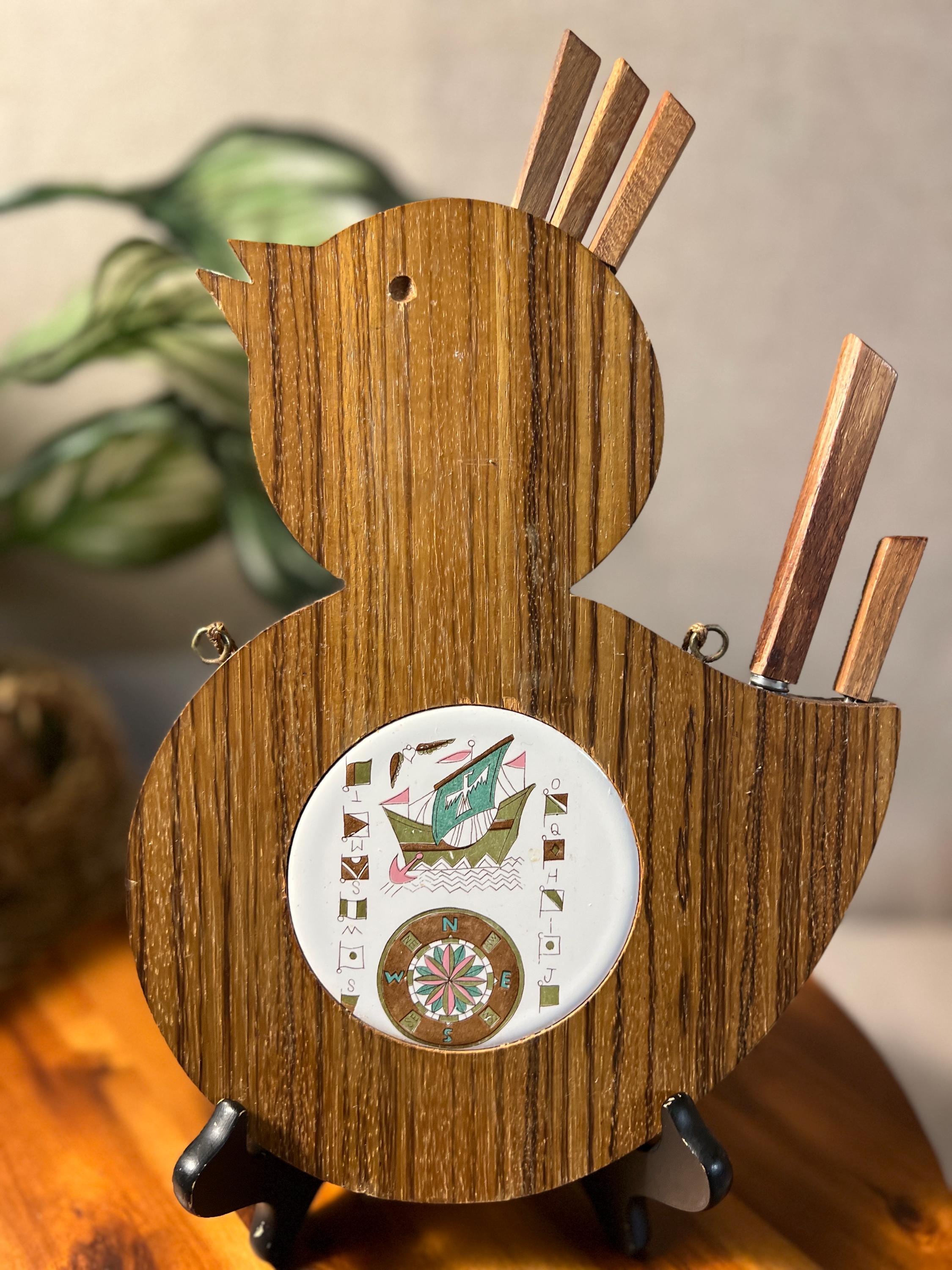 Vtg bird shaped Cheese Bread Cutting Board Wood With Tile made in Japan With Knife and small forks