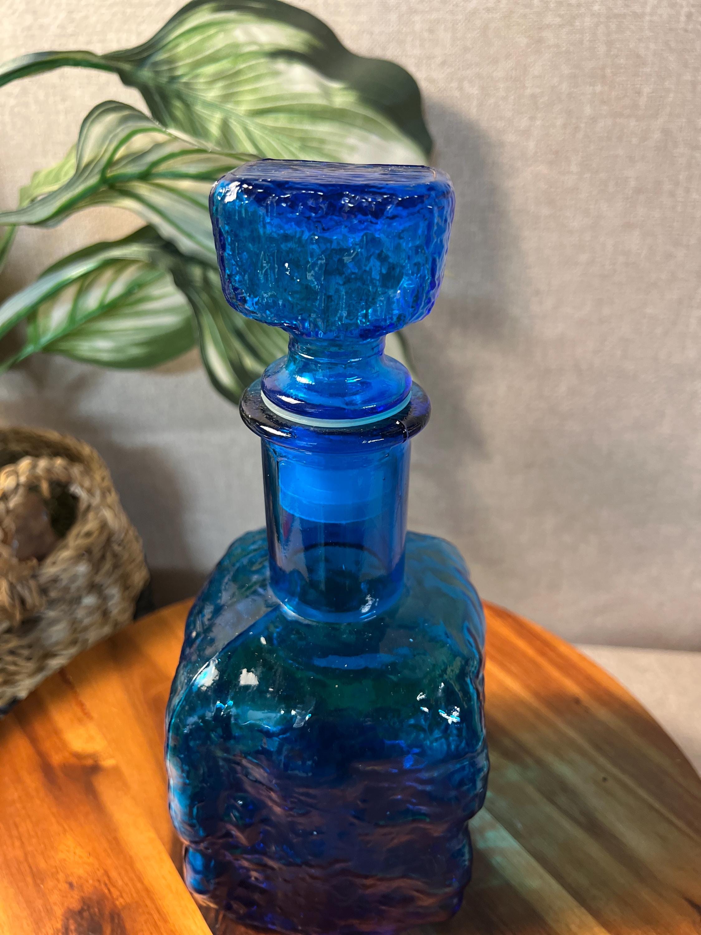 Mid Century Vintage Italy Empoli Decanter Blue Wavy Glass