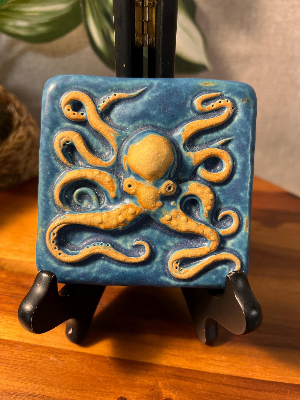 Gretchen Kramp Ceramic Octopus ART TILE 4" Square Blue Brown