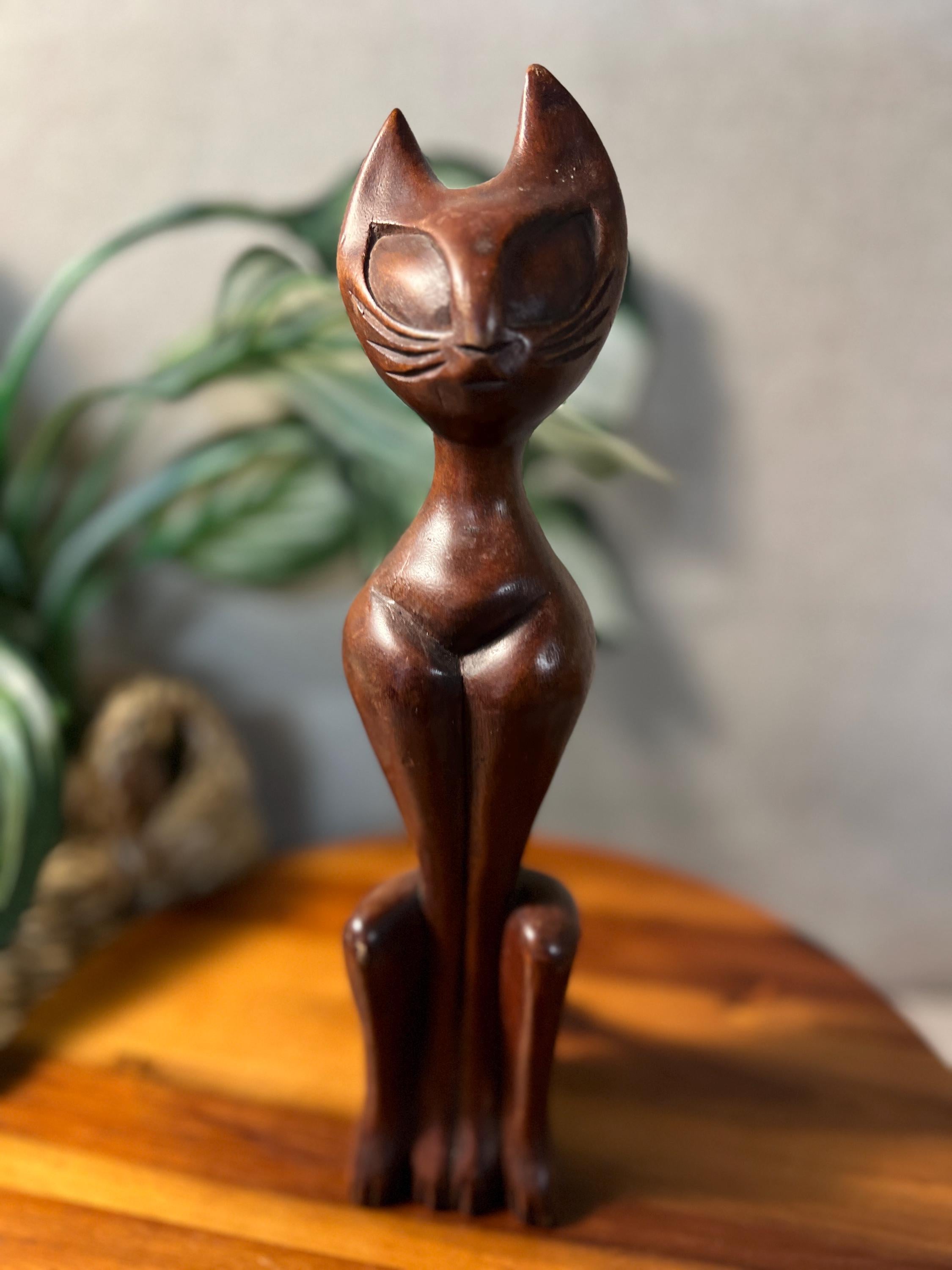Vtg MCM Carved Teak Wooden Siamese Cat Figure Retro Boho Home Decor