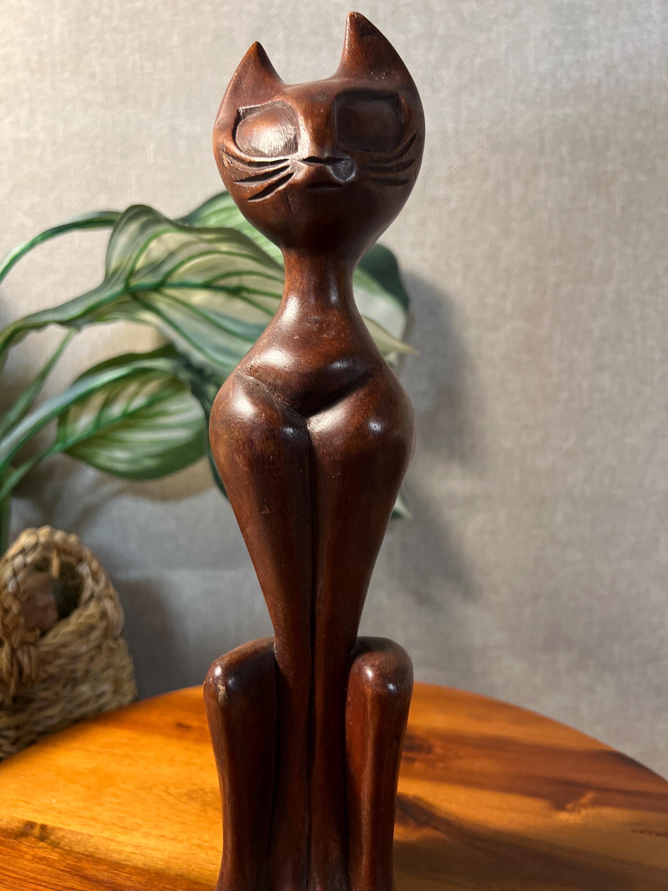 Vtg MCM Carved Teak Wooden Siamese Cat Figure Retro Boho Home Decor