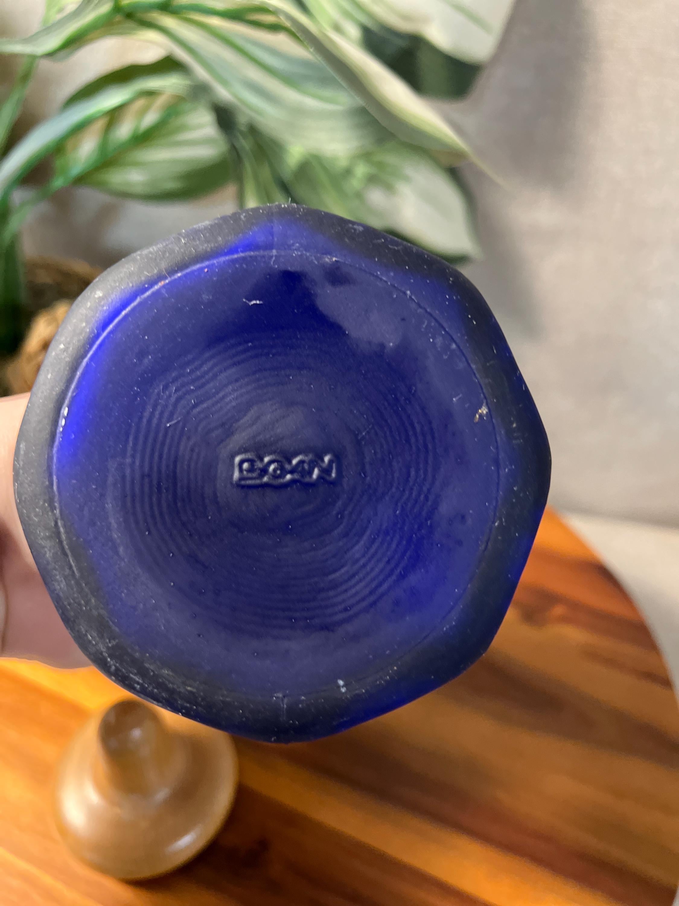 Antique Greek Doan Impressed Religious Dark Cobalt Blue Bottle with Wood Topper