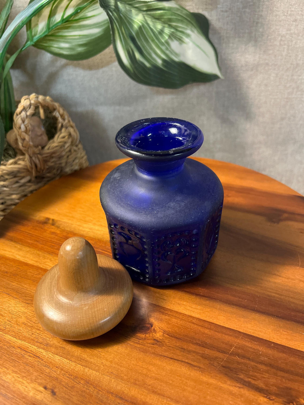 Antique Greek Doan Impressed Religious Dark Cobalt Blue Bottle with Wood Topper