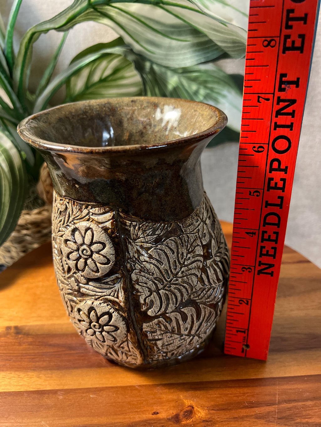 Mid Century Studio Art Pottery Tan Olive Green Floral and Monstera plant Vase Artist Signed