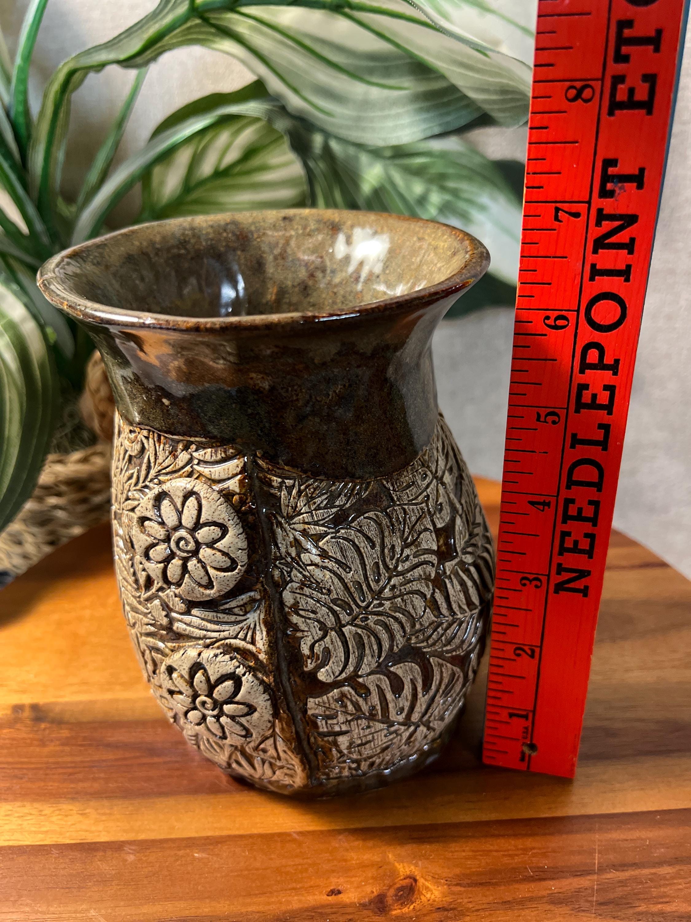 Mid Century Studio Art Pottery Tan Olive Green Floral and Monstera plant Vase Artist Signed