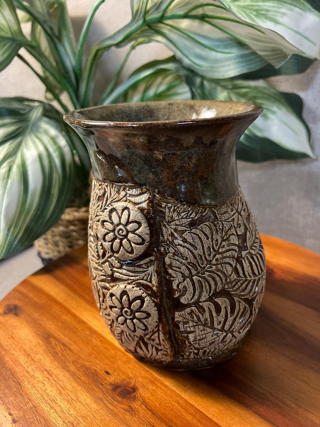 Mid Century Studio Art Pottery Tan Olive Green Floral and Monstera plant Vase Artist Signed