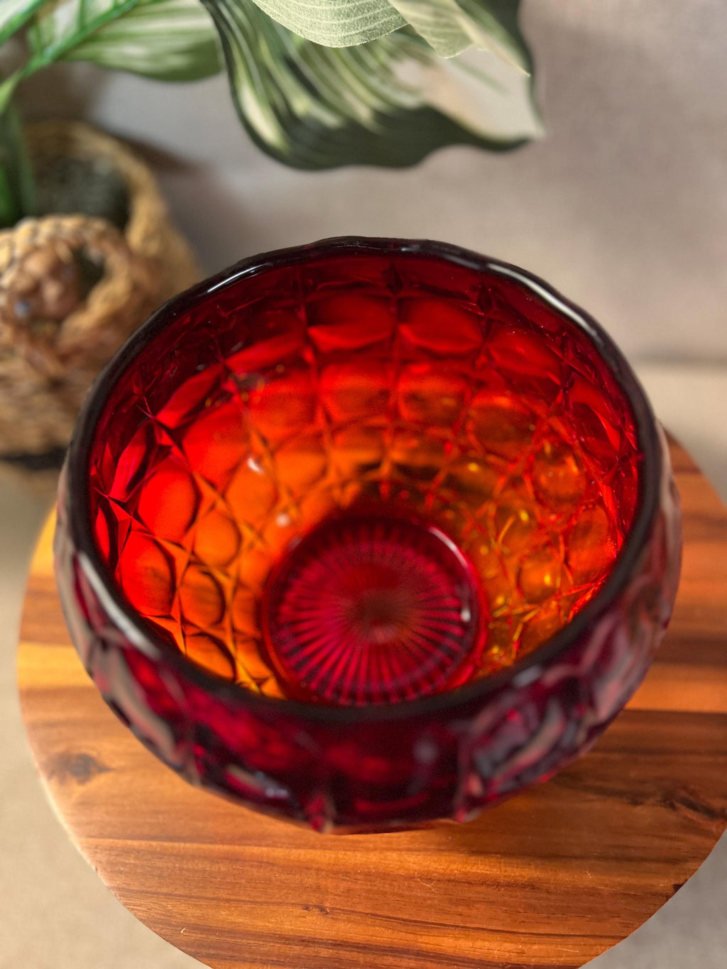 Indiana Glass Constellation Cookie Candy Bowl Dish Lid Glows Amberina Red