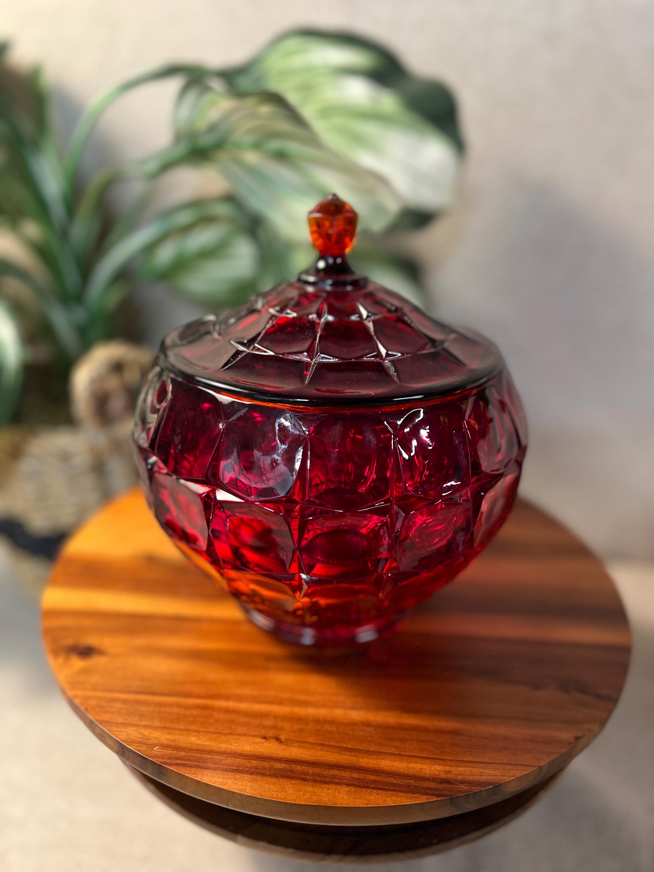 Indiana Glass Constellation Cookie Candy Bowl Dish Lid Glows Amberina Red