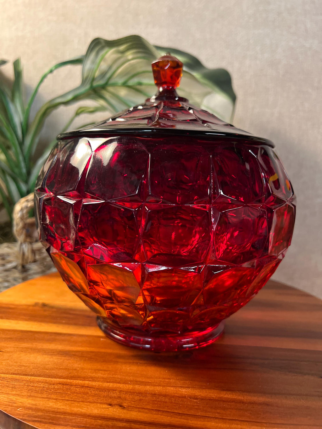 Indiana Glass Constellation Cookie Candy Bowl Dish Lid Glows Amberina Red