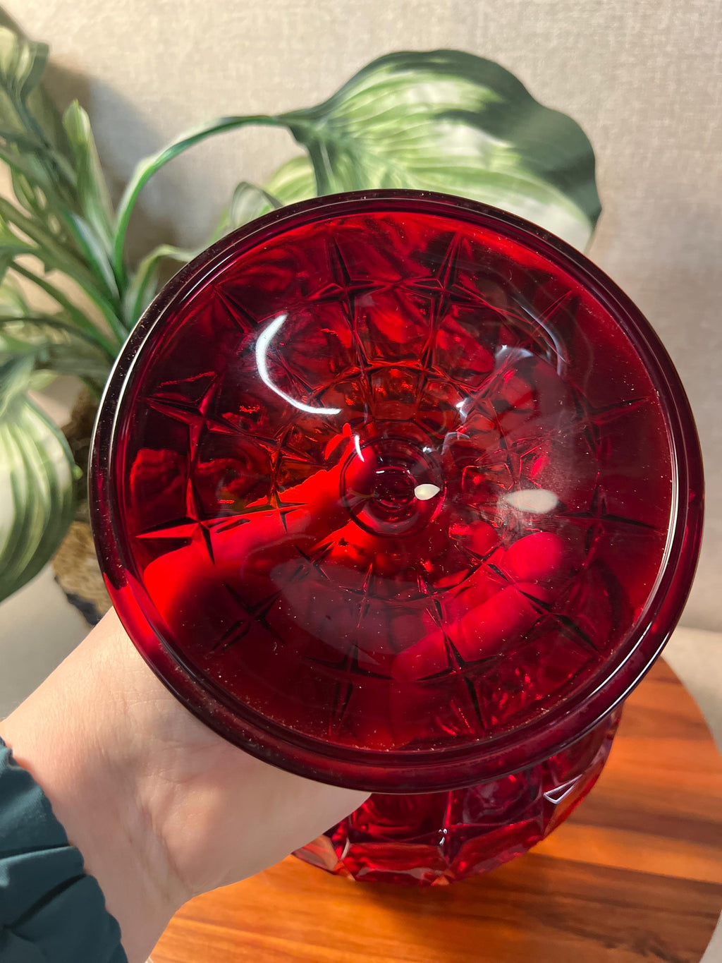 Indiana Glass Constellation Cookie Candy Bowl Dish Lid Glows Amberina Red