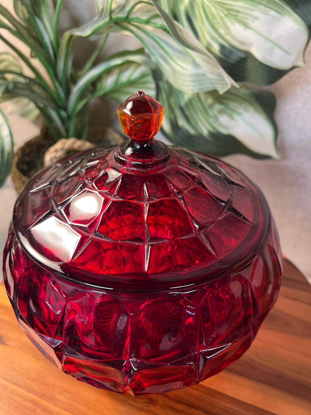 Indiana Glass Constellation Cookie Candy Bowl Dish Lid Glows Amberina Red