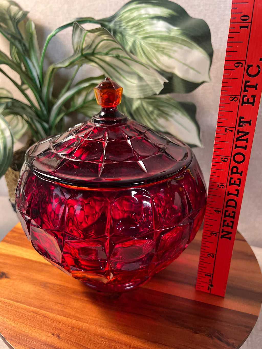 Indiana Glass Constellation Cookie Candy Bowl Dish Lid Glows Amberina Red