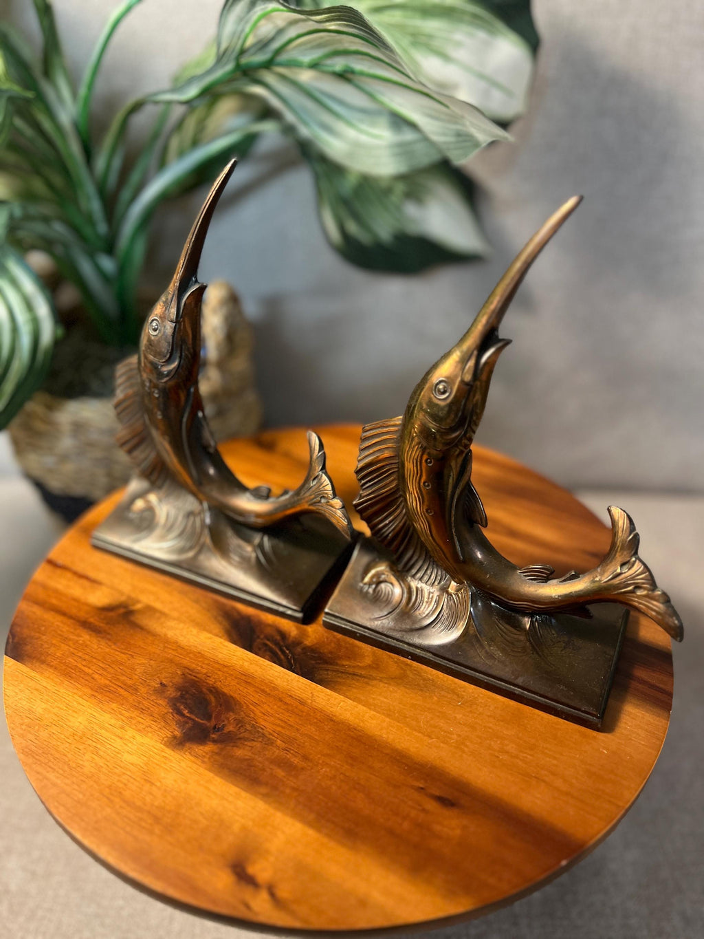 Brass Marlin Swordfish Statues, Pair — Philadelphia Mfg. Co. MCM Bookends