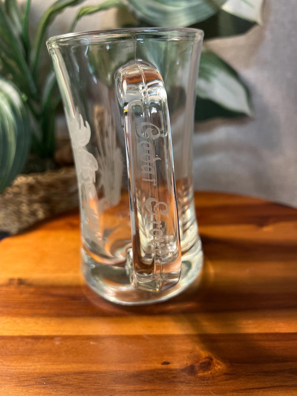 VTG Glass Mug Stein w Elk Etched Glass 6" tall