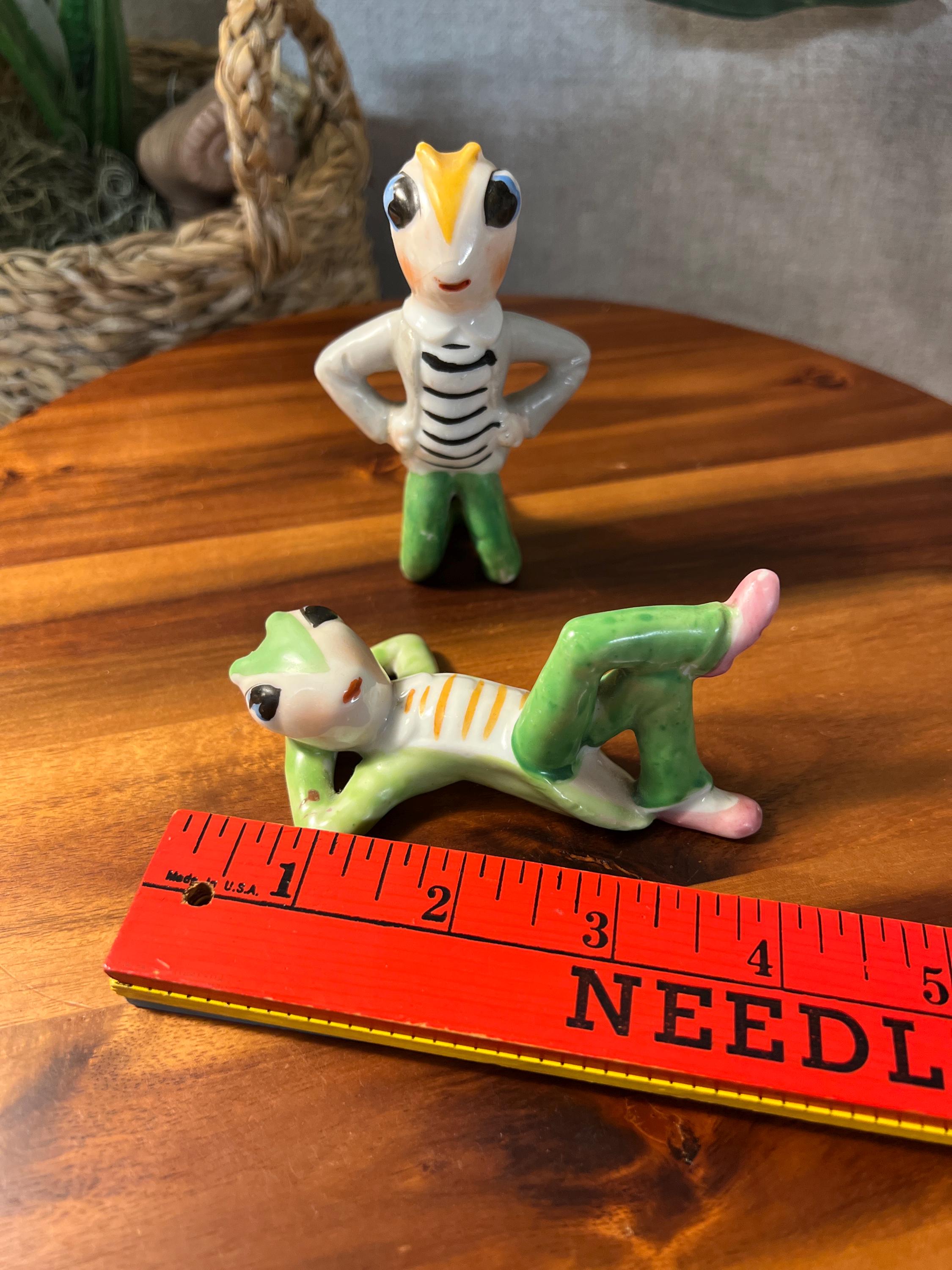 Vintage Japan Set of 2 Anthropomorphic Cricket  Bugs Insect Figurine Green & Gold