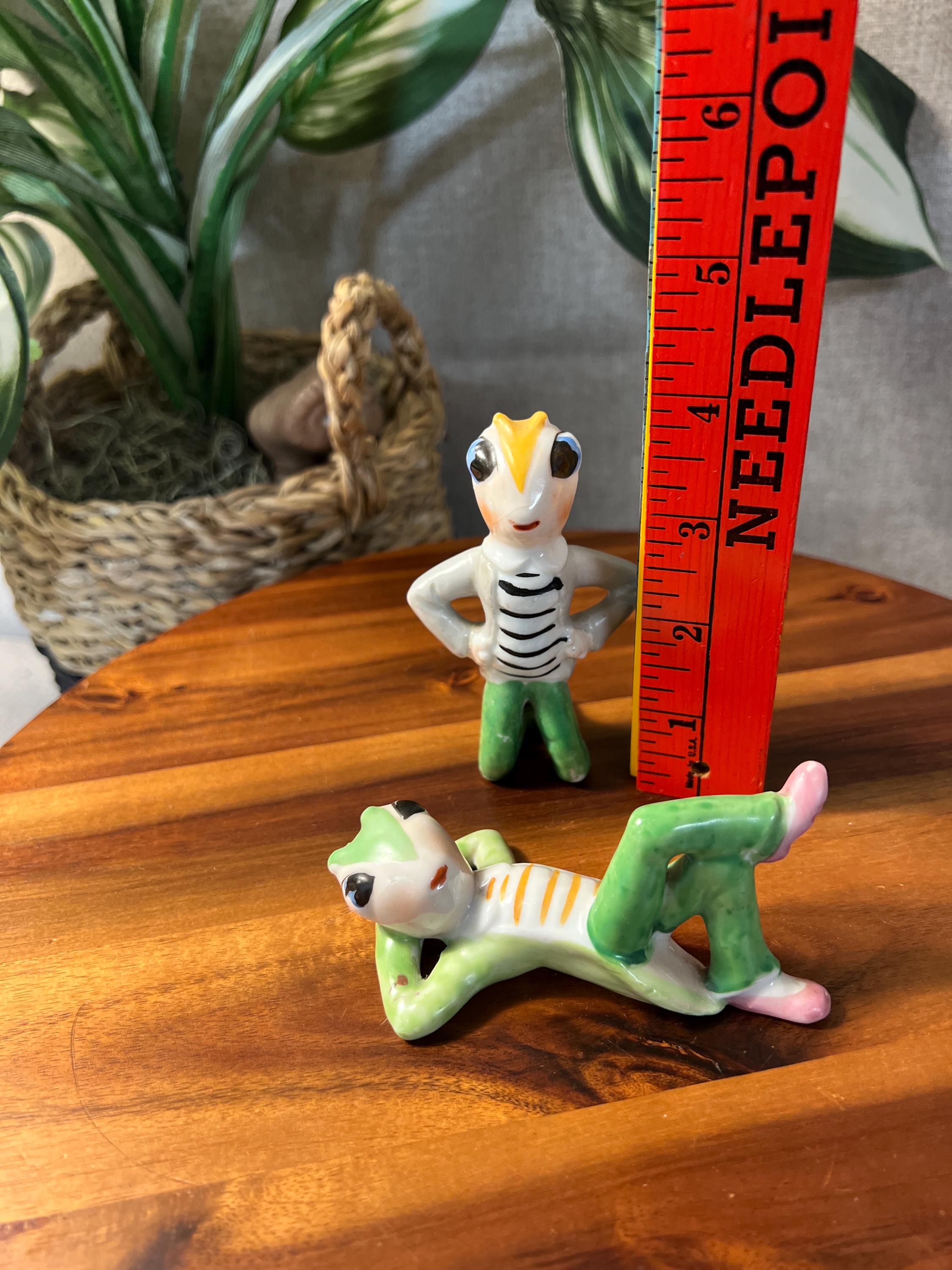 Vintage Japan Set of 2 Anthropomorphic Cricket  Bugs Insect Figurine Green & Gold
