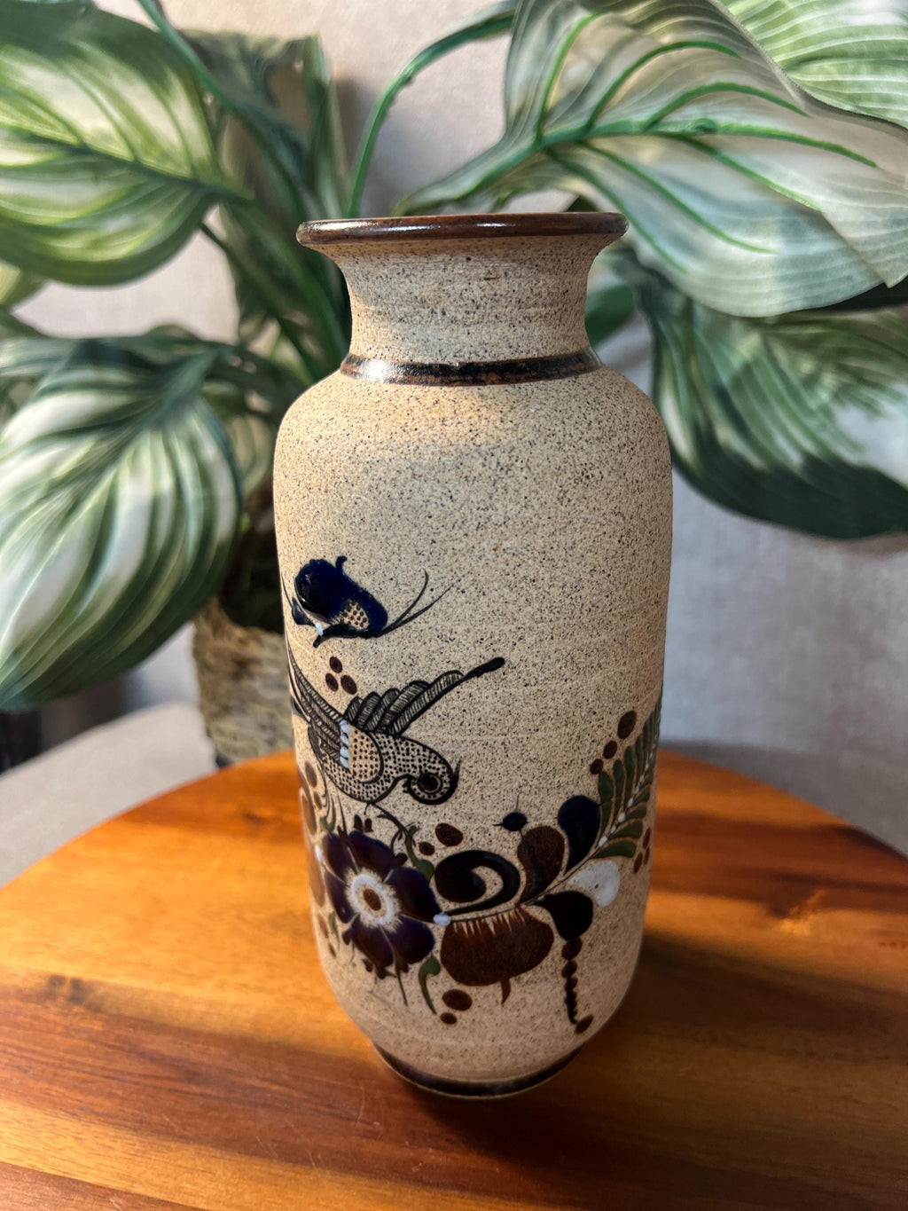 Netzi Mexican Pottery Sandstone Vase Glazed Flowers Fern Folk Art Bird