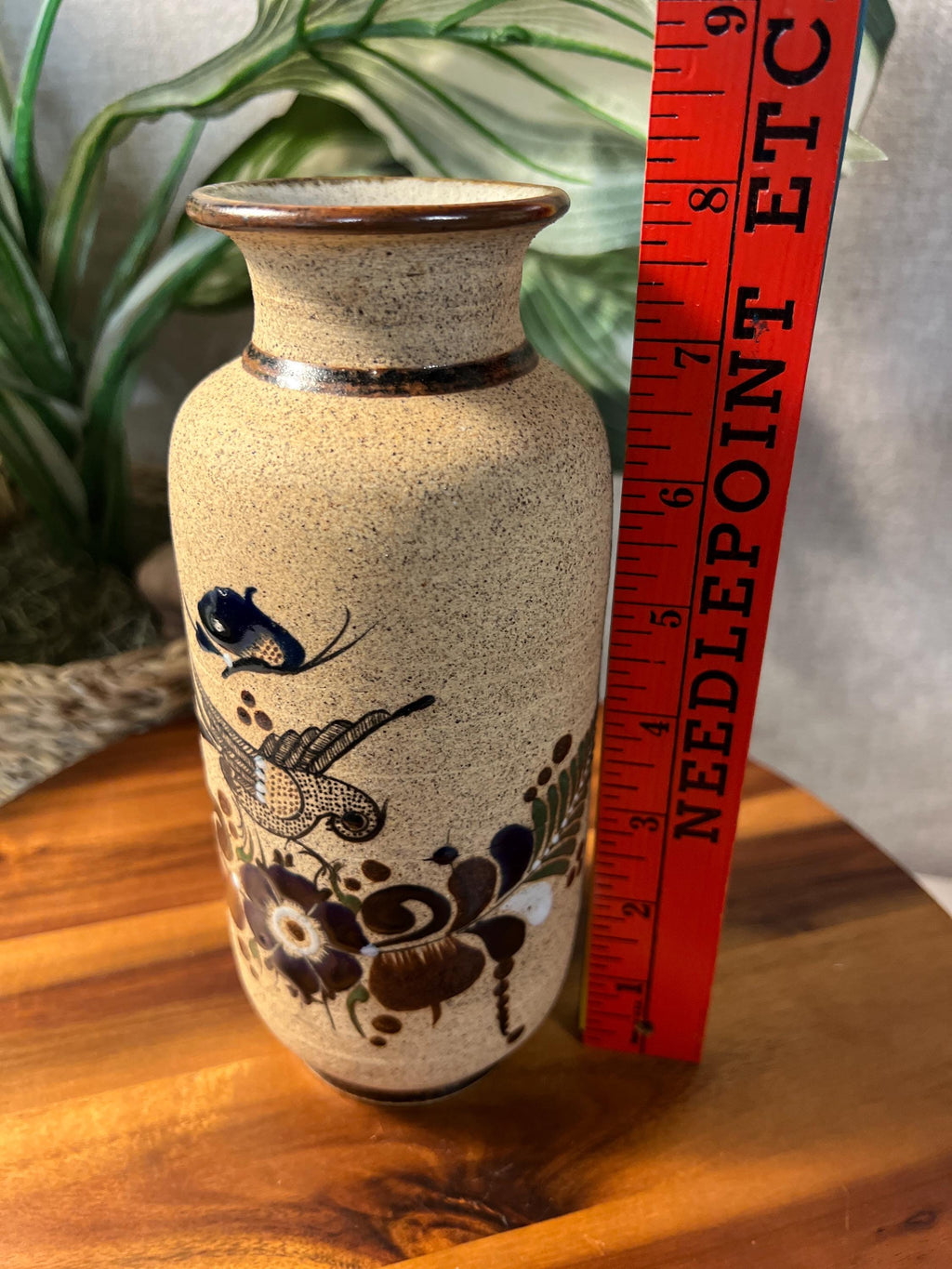 Netzi Mexican Pottery Sandstone Vase Glazed Flowers Fern Folk Art Bird