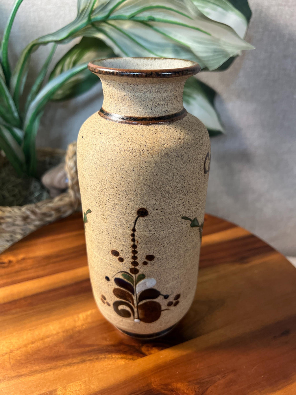 Netzi Mexican Pottery Sandstone Vase Glazed Flowers Fern Folk Art Bird