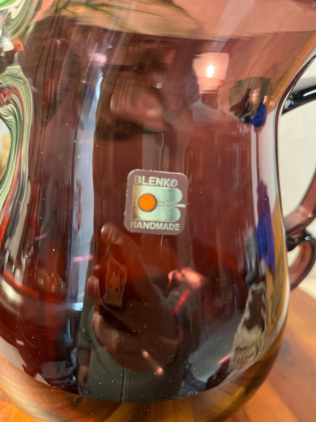 Blenko Double Handle Purple Hand Blown Glass Pitcher