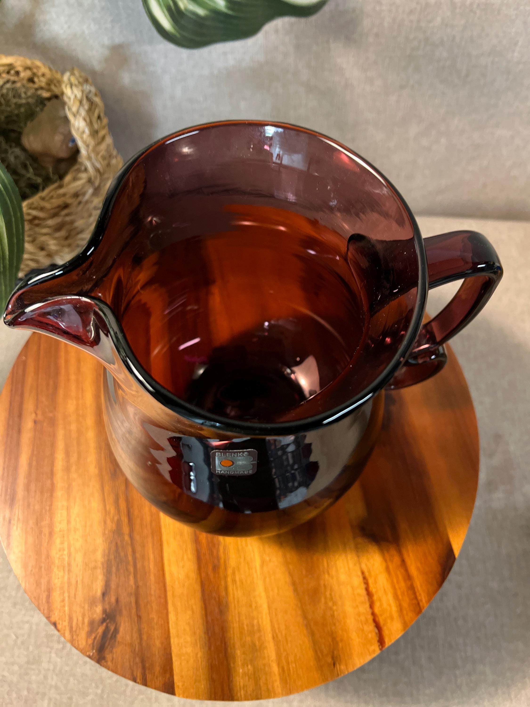Blenko Double Handle Purple Hand Blown Glass Pitcher