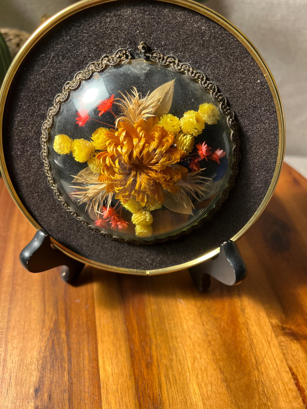 Dried Flowers Bouquet In Curved Glass Framed Wall Art Vintage Ribbon Hanger