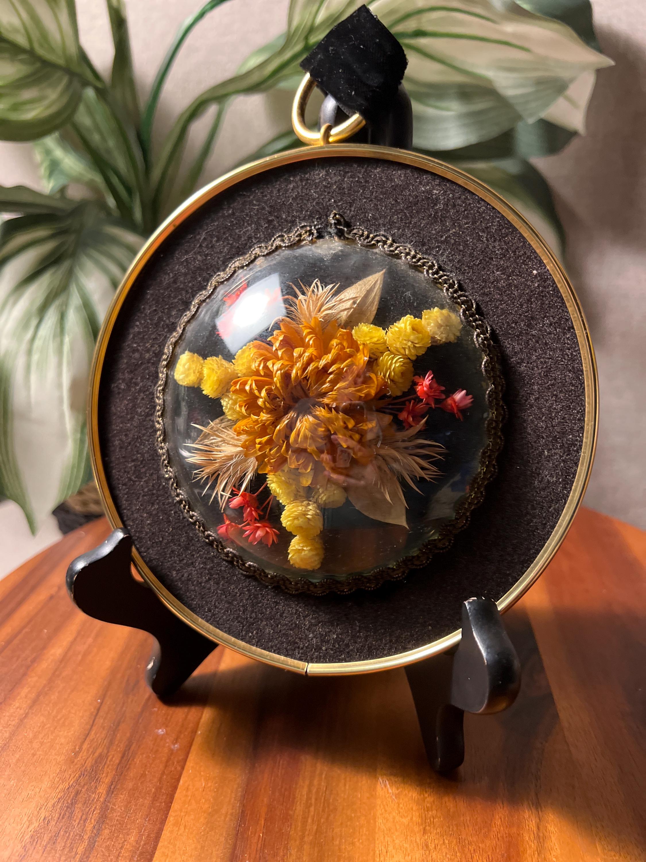 Dried Flowers Bouquet In Curved Glass Framed Wall Art Vintage Ribbon Hanger