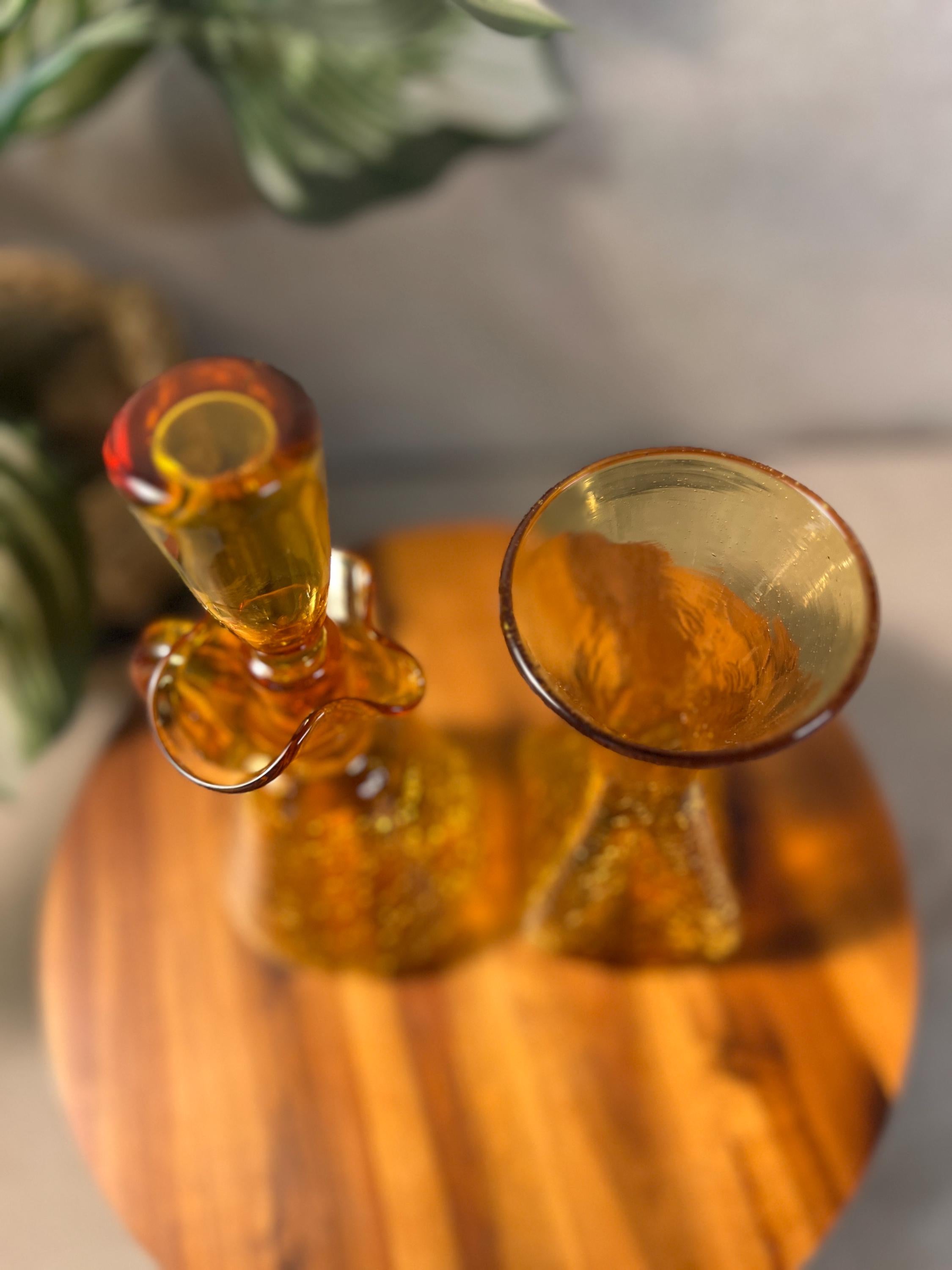 Vintage - Set of 2, Amber Glass , Ruffled Crackle Pitcher Decanter possibly not matching stopper and Crackle Glass VaseRainbow or Pilgrim