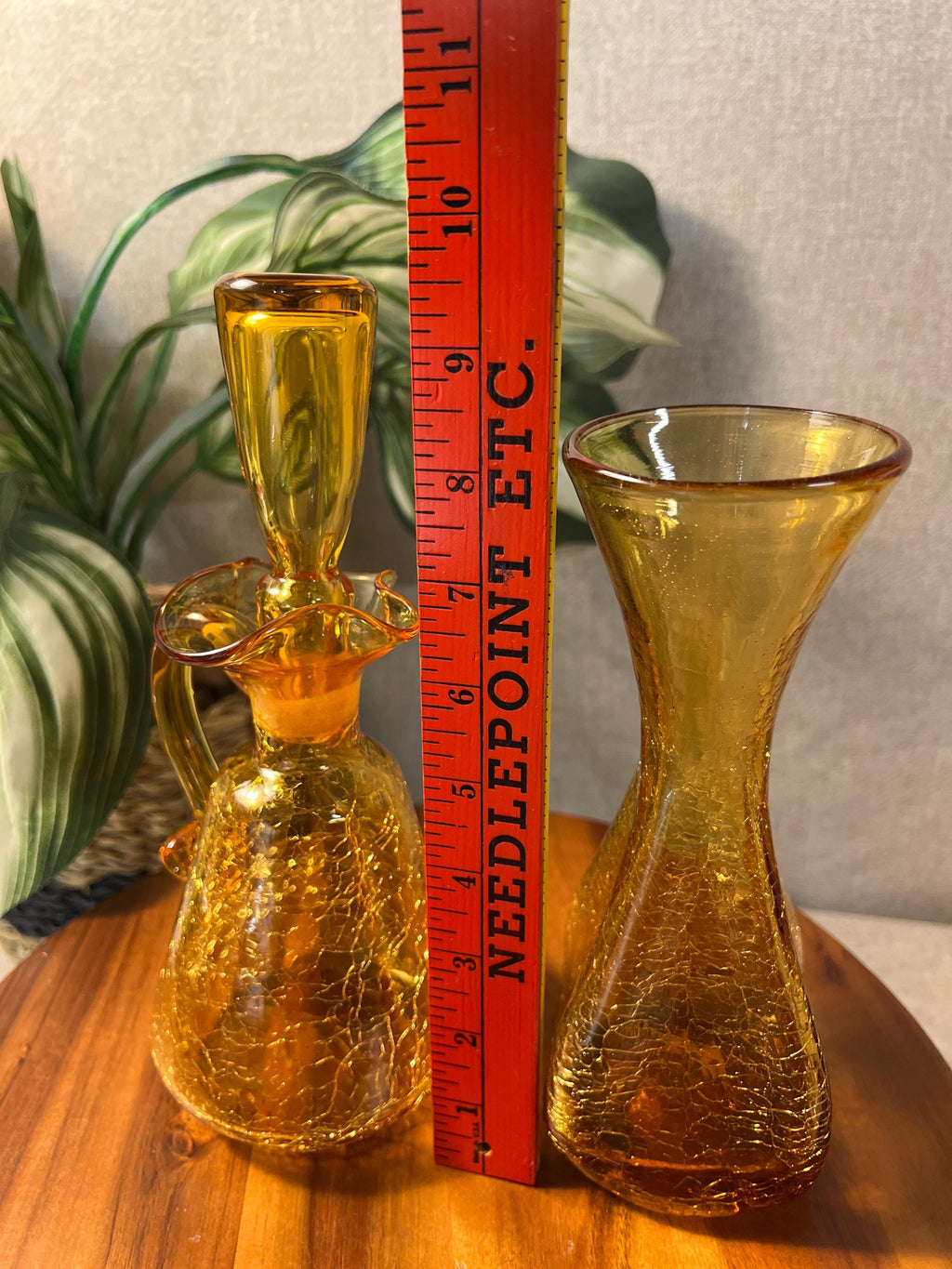 Vintage - Set of 2, Amber Glass , Ruffled Crackle Pitcher Decanter possibly not matching stopper and Crackle Glass VaseRainbow or Pilgrim