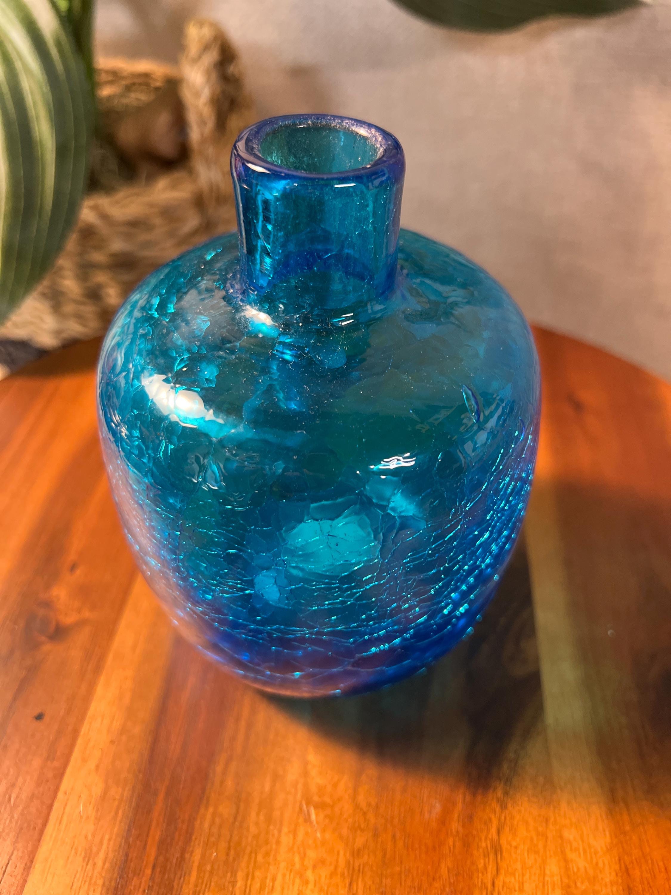 Blenko Blue Crackle Glass Vase 6424 Joel Myers Vtg MCM