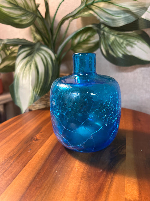 Blenko Blue Crackle Glass Vase 6424 Joel Myers Vtg MCM