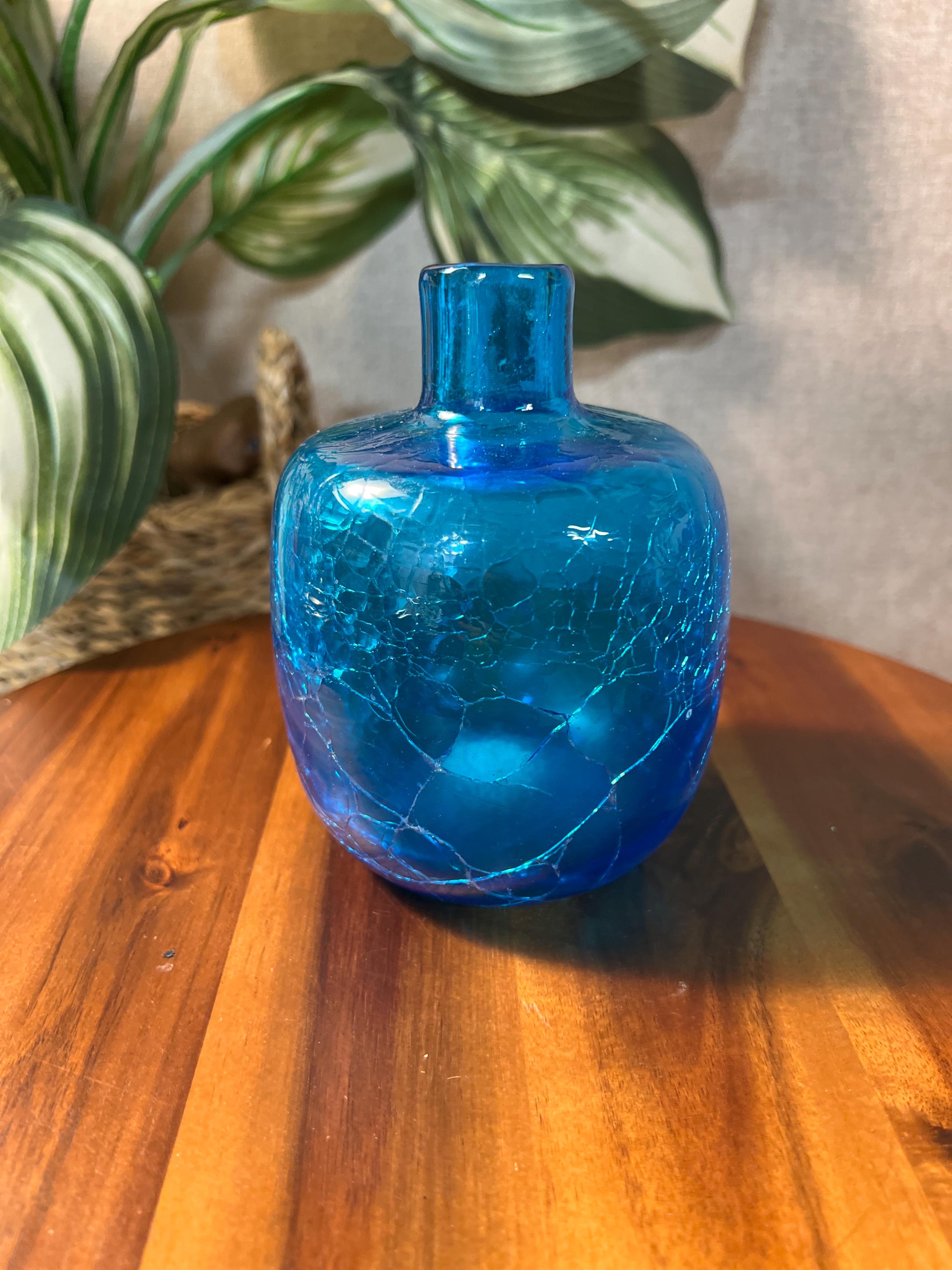 Blenko Blue Crackle Glass Vase 6424 Joel Myers Vtg MCM