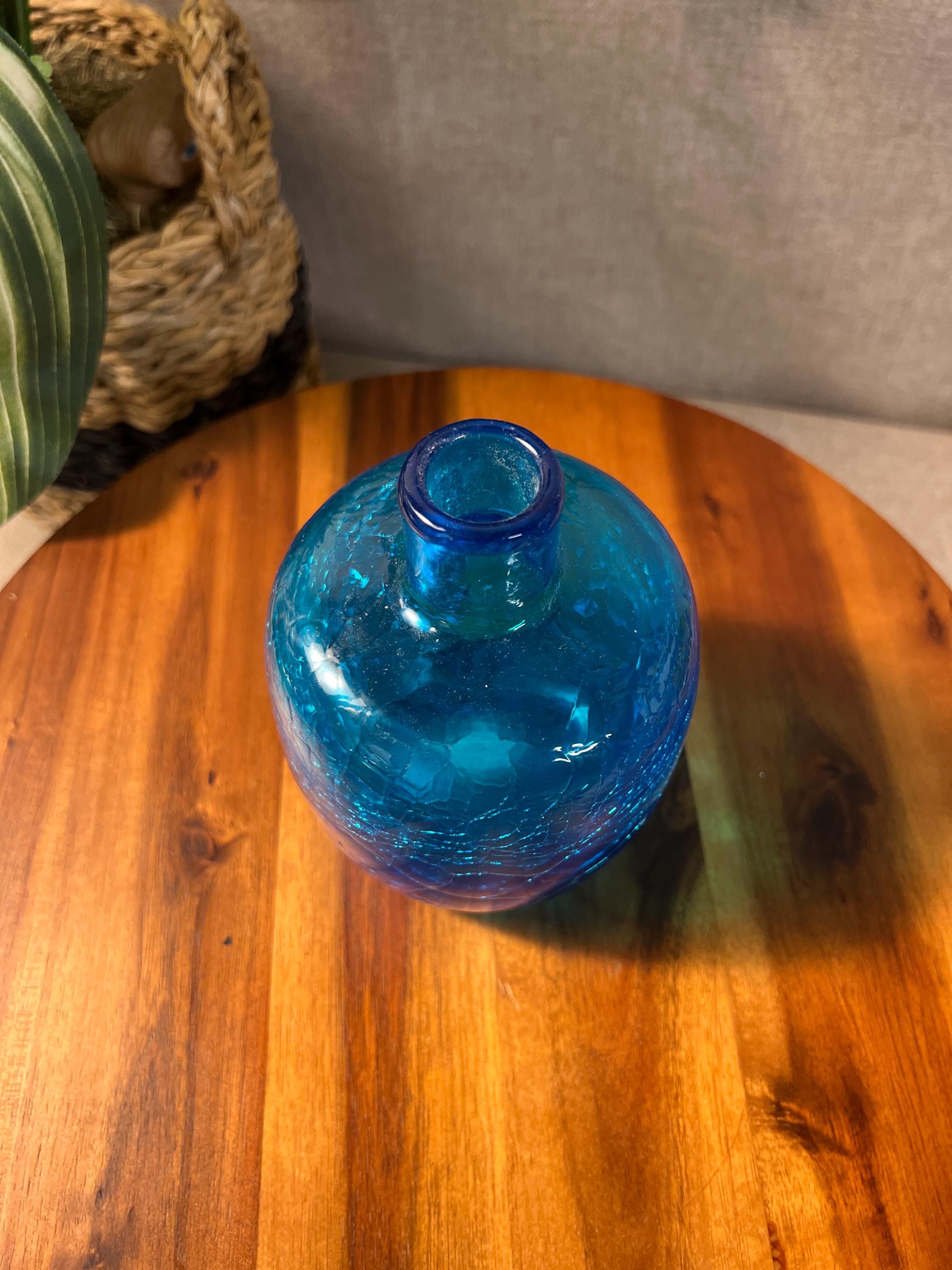 Blenko Blue Crackle Glass Vase 6424 Joel Myers Vtg MCM