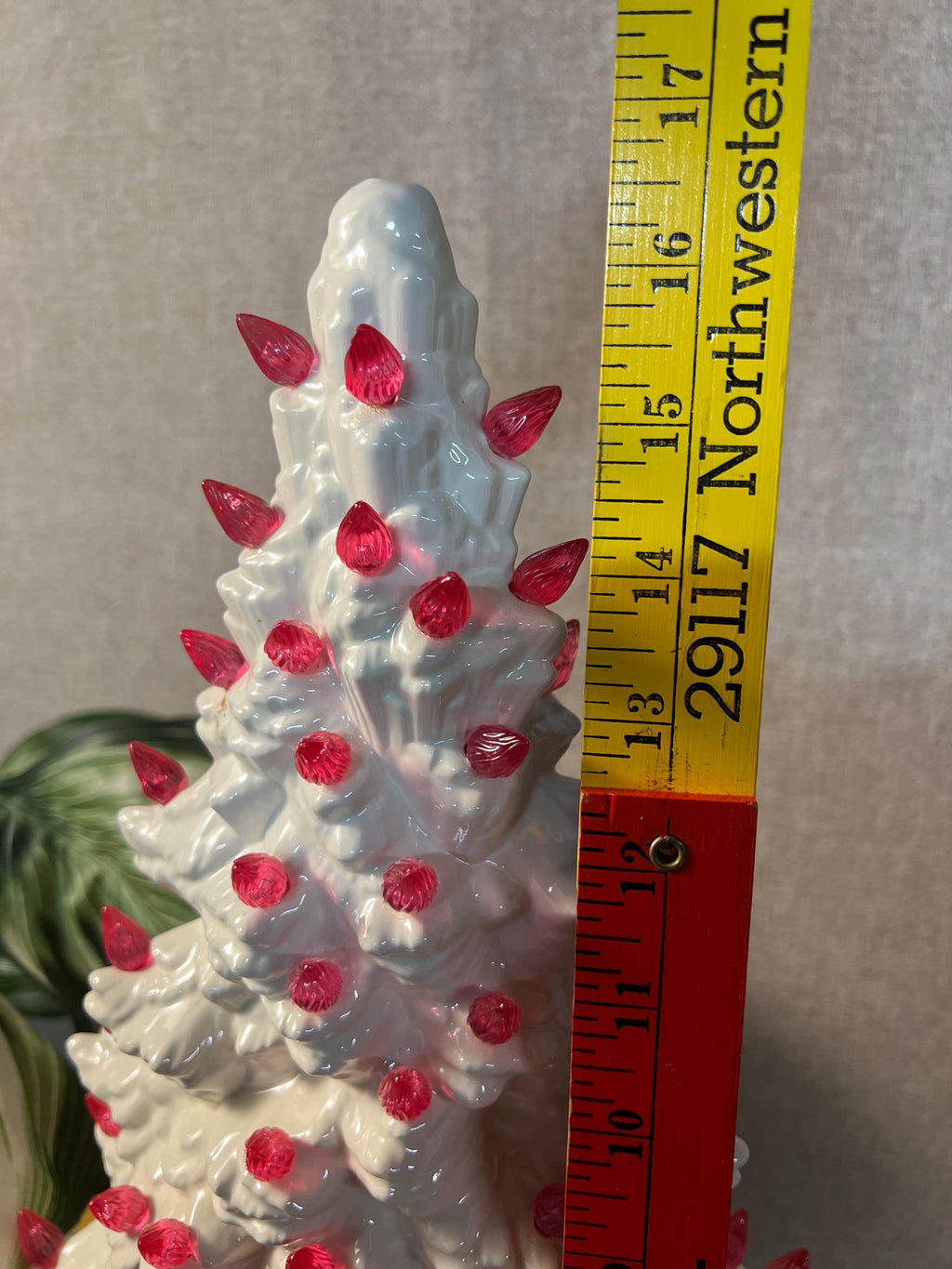 White Ceramic Skinny Christmas Tree 16.5 Vintage with pink lights